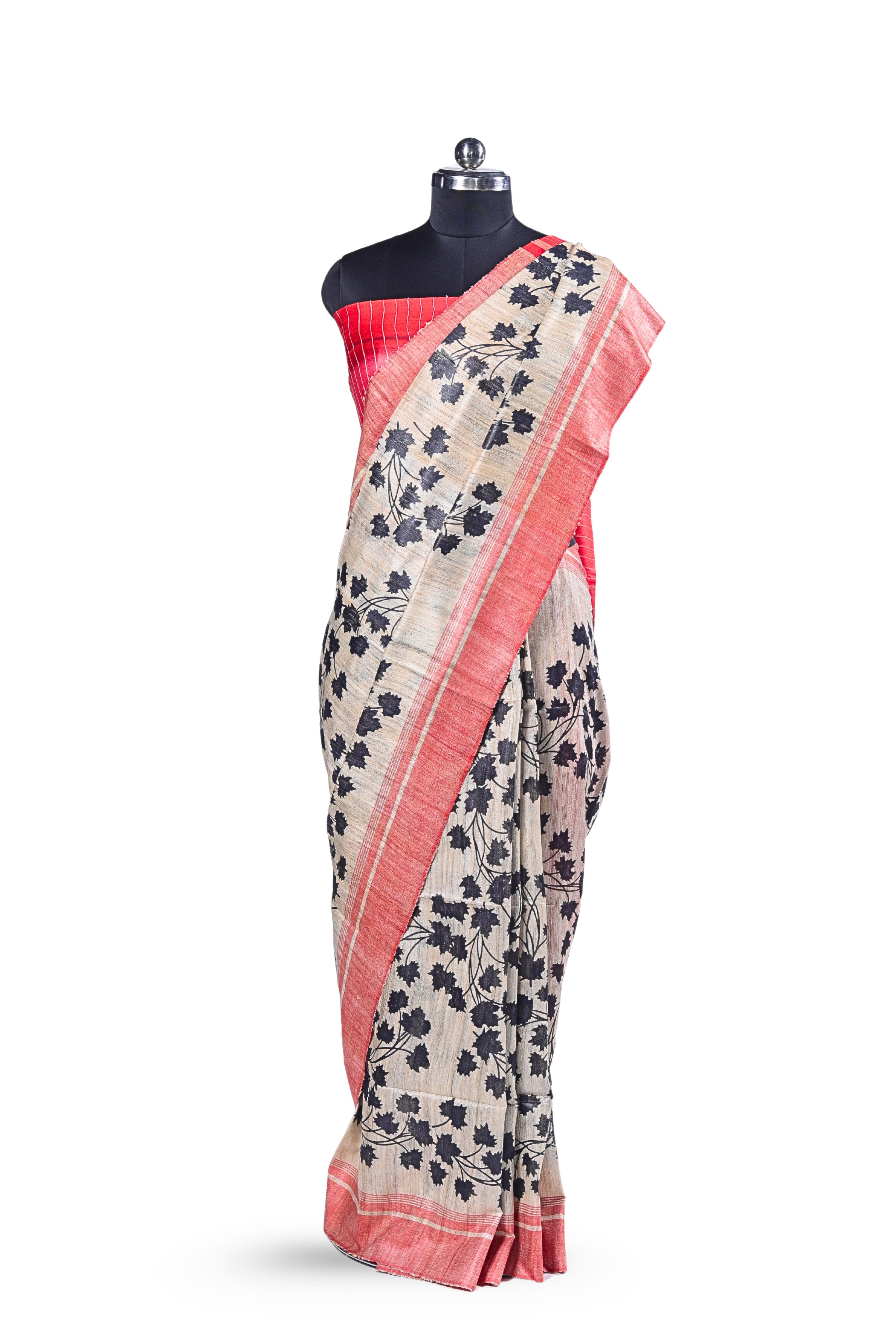 Bengali Handloom Gicha Tussar Silk Saree (Soft Beige/Red)