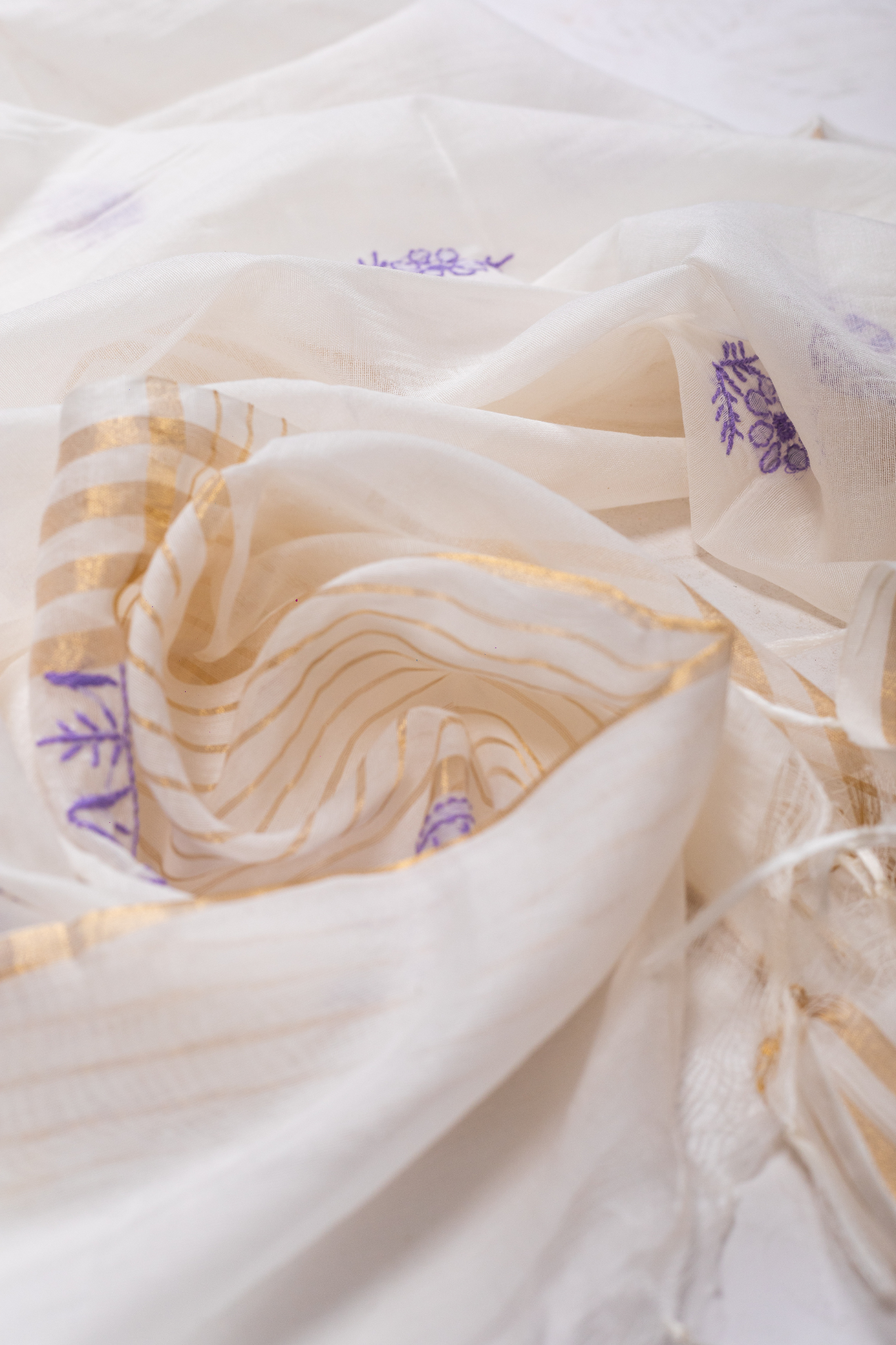 Mul Chikankari Suit with Gala Buti Work (3 Piece, Unstitched, White/Purple)