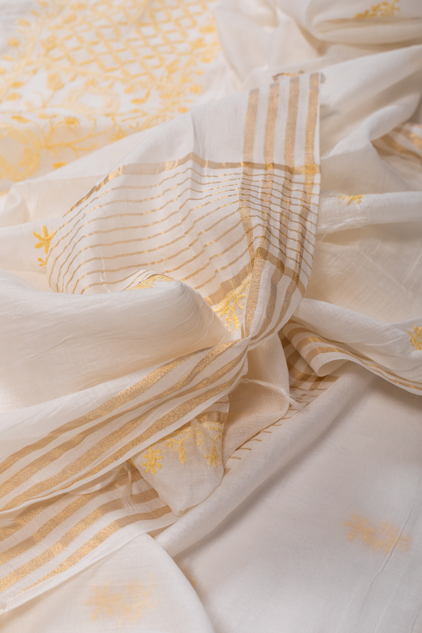 Mul Chikankari Suit with Panel Work (3 Piece, Unstitched, White/Yellow)