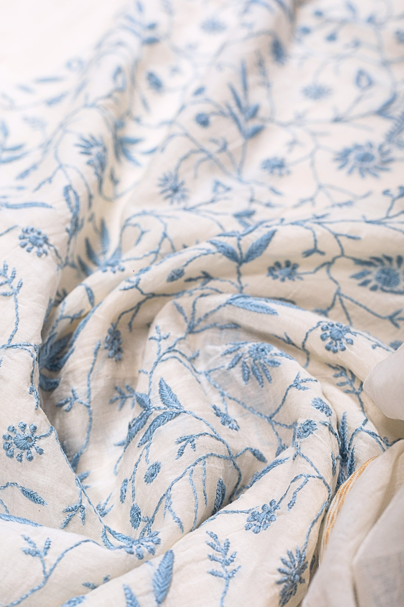 Mul Chanderi Chikankari Suit with Full Jaal Work (3 Piece, Unstitched, Off-White/Blue)