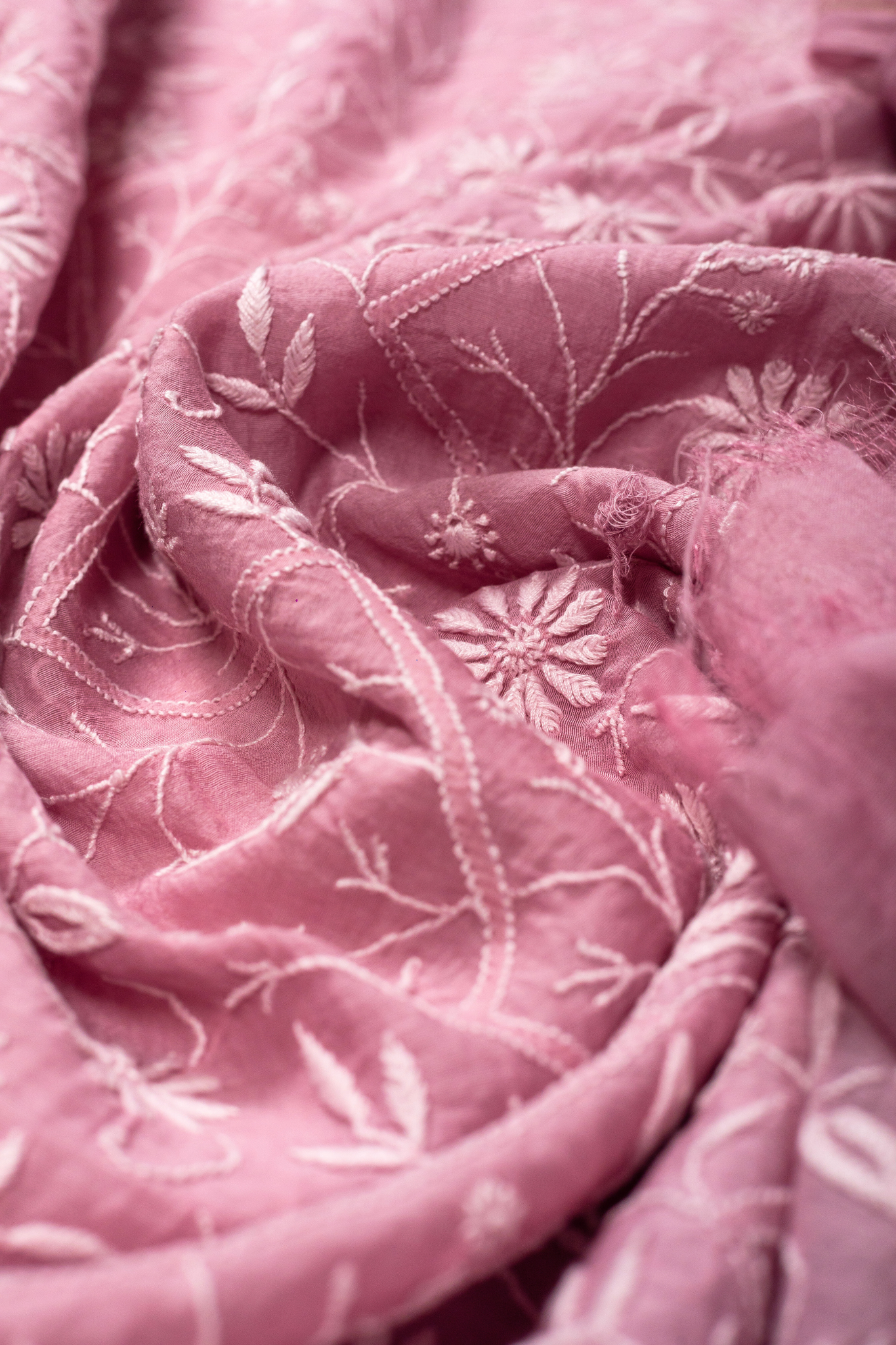 Mul Chanderi Chikankari Suit with Phool Patti & Jaal Work (3 Piece, Unstitched, Onion Pink)