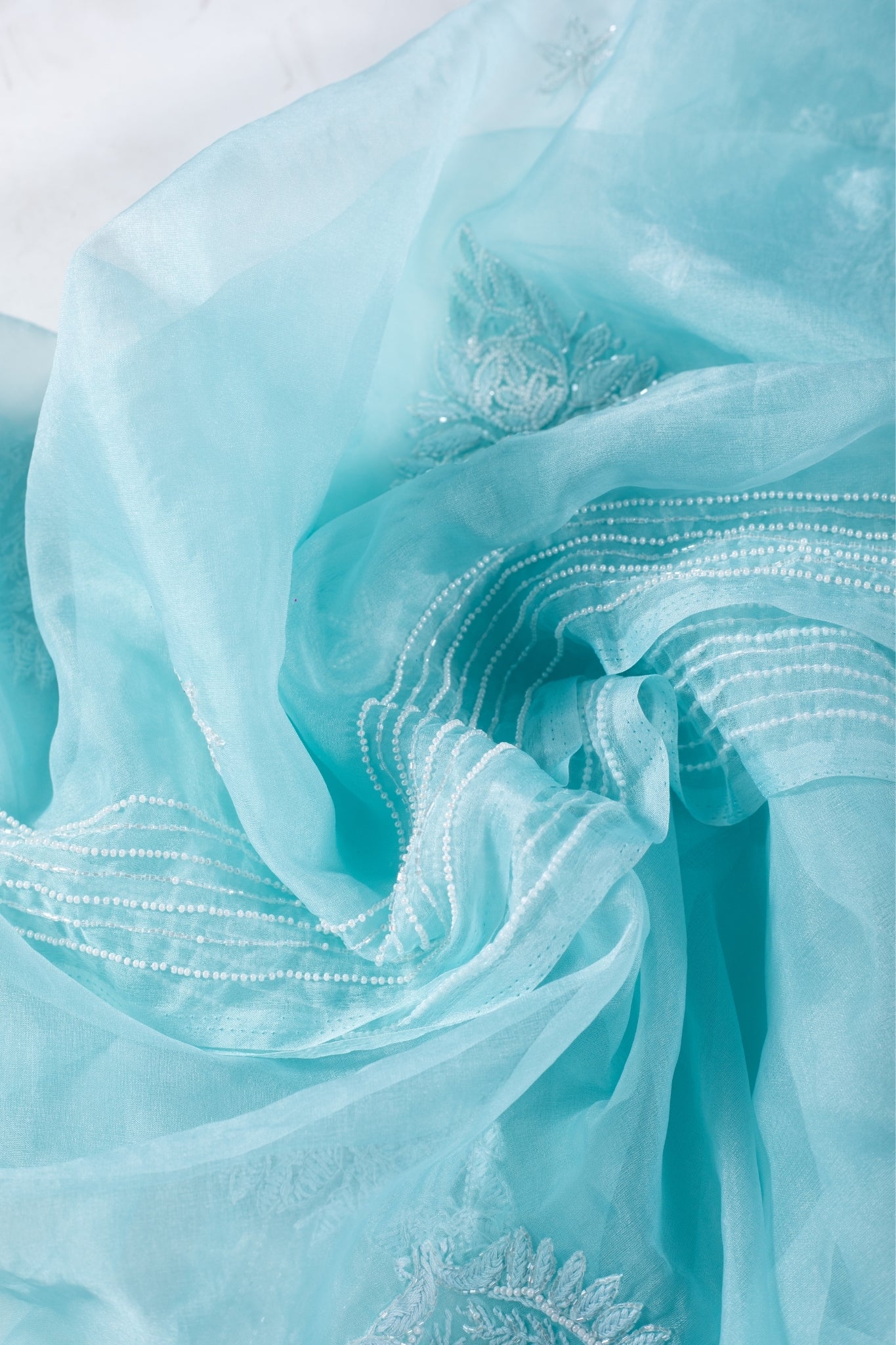Organza Saree with Chikankari Cutdana Work(Powder Blue)