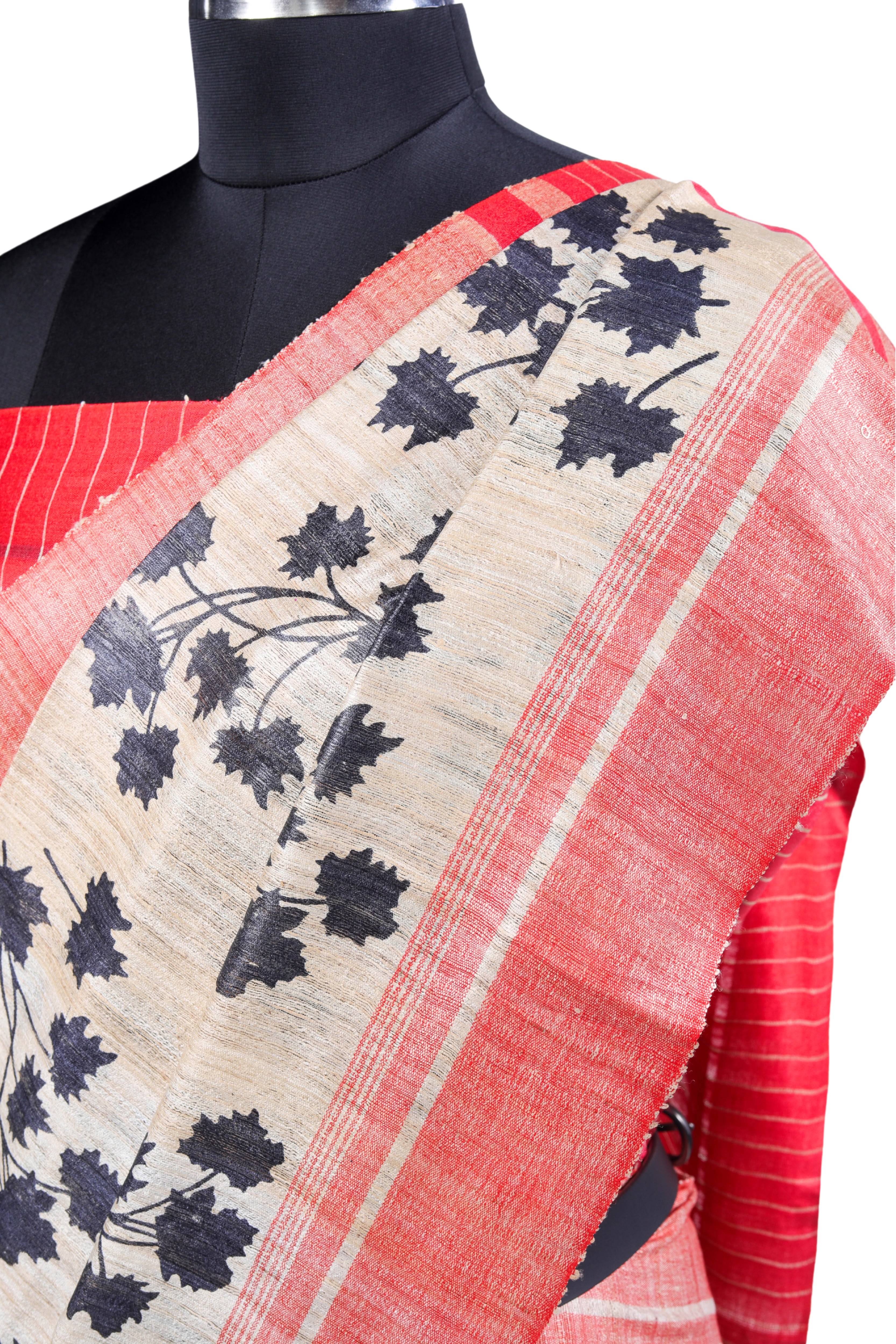 Bengali Handloom Gicha Tussar Silk Saree (Soft Beige/Red)