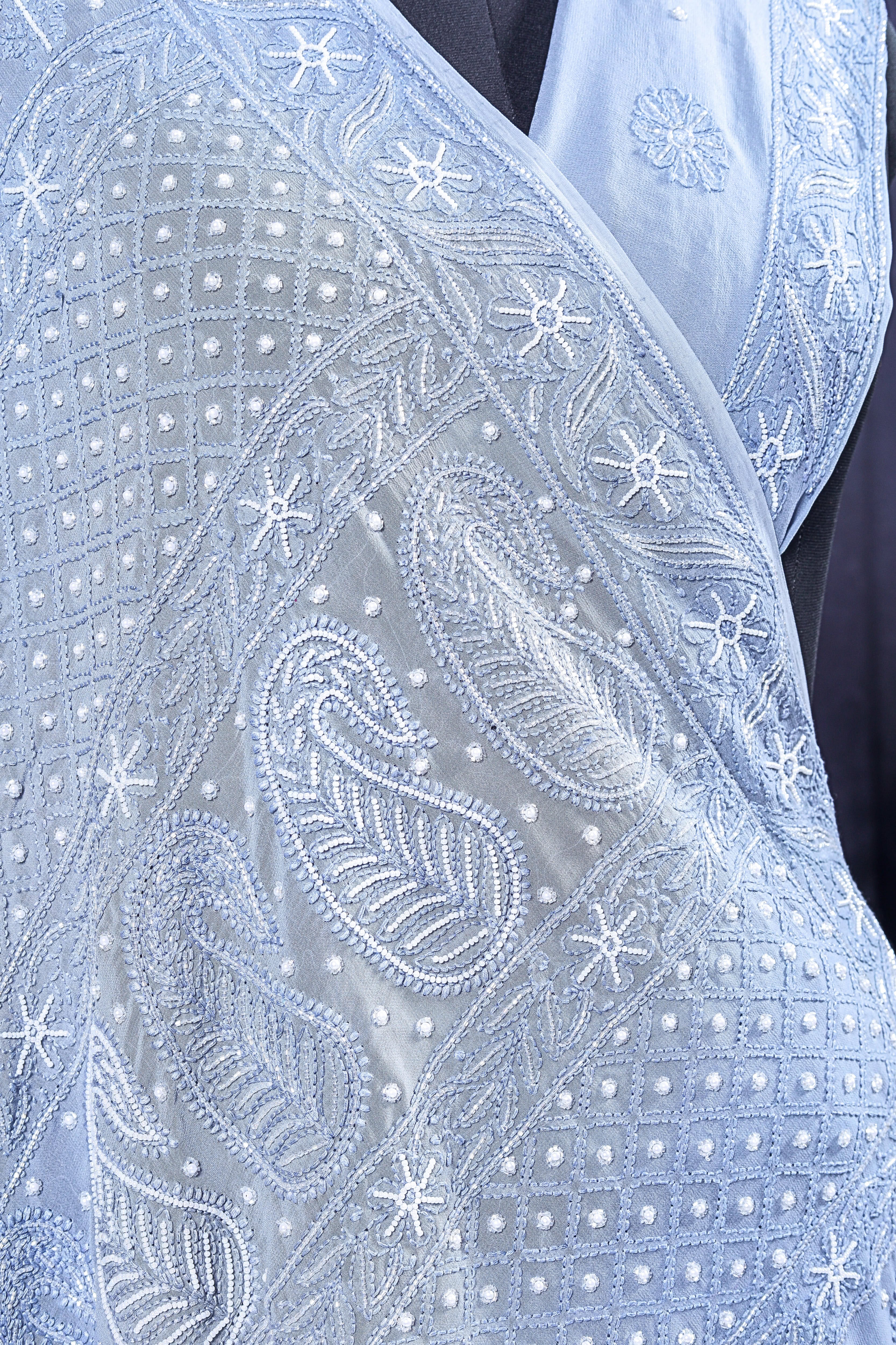 Viscose Georgette Chikankari Saree with Cutdana Moti Work (Light Grey)