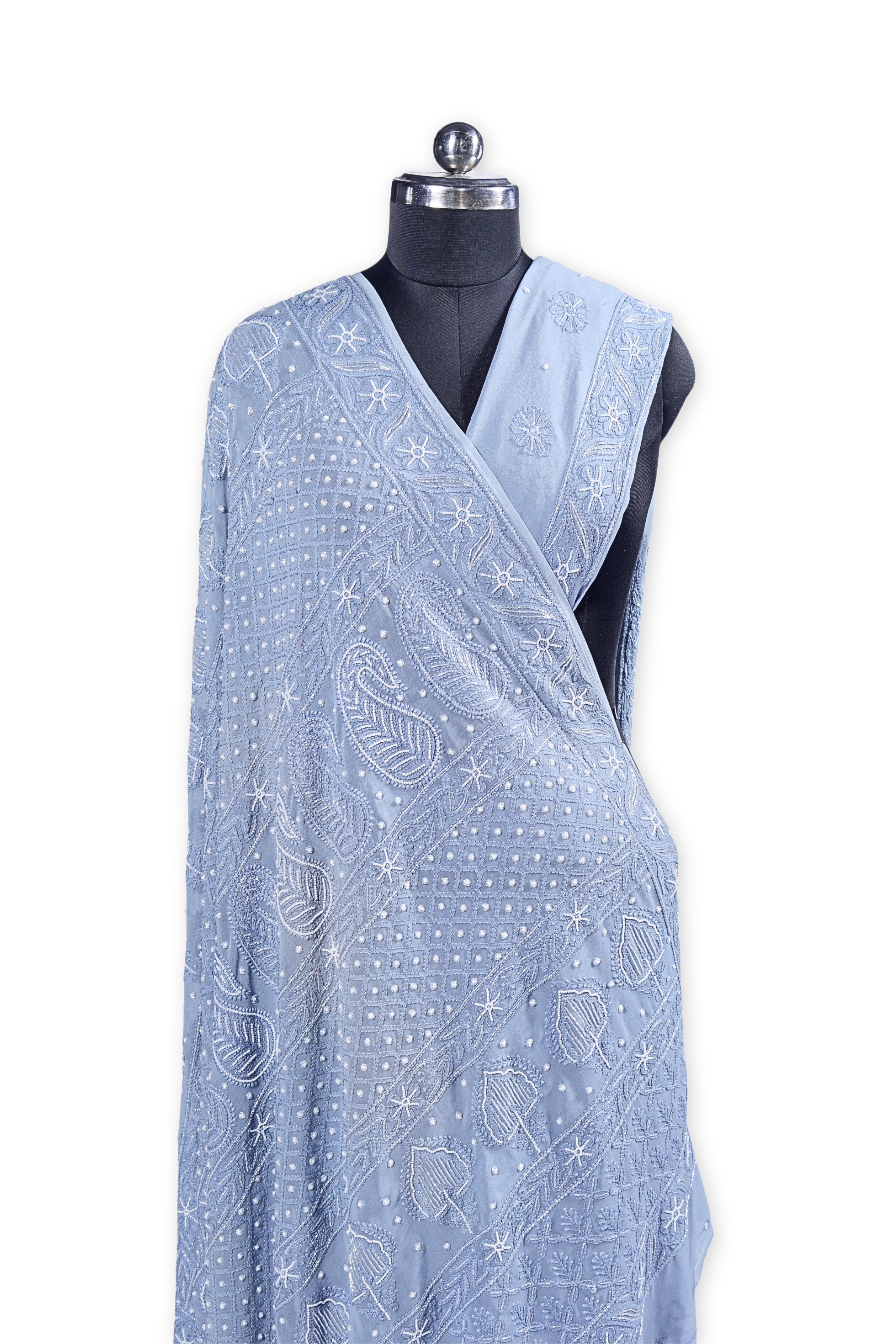 Viscose Georgette Chikankari Saree with Cutdana Moti Work (Light Grey)