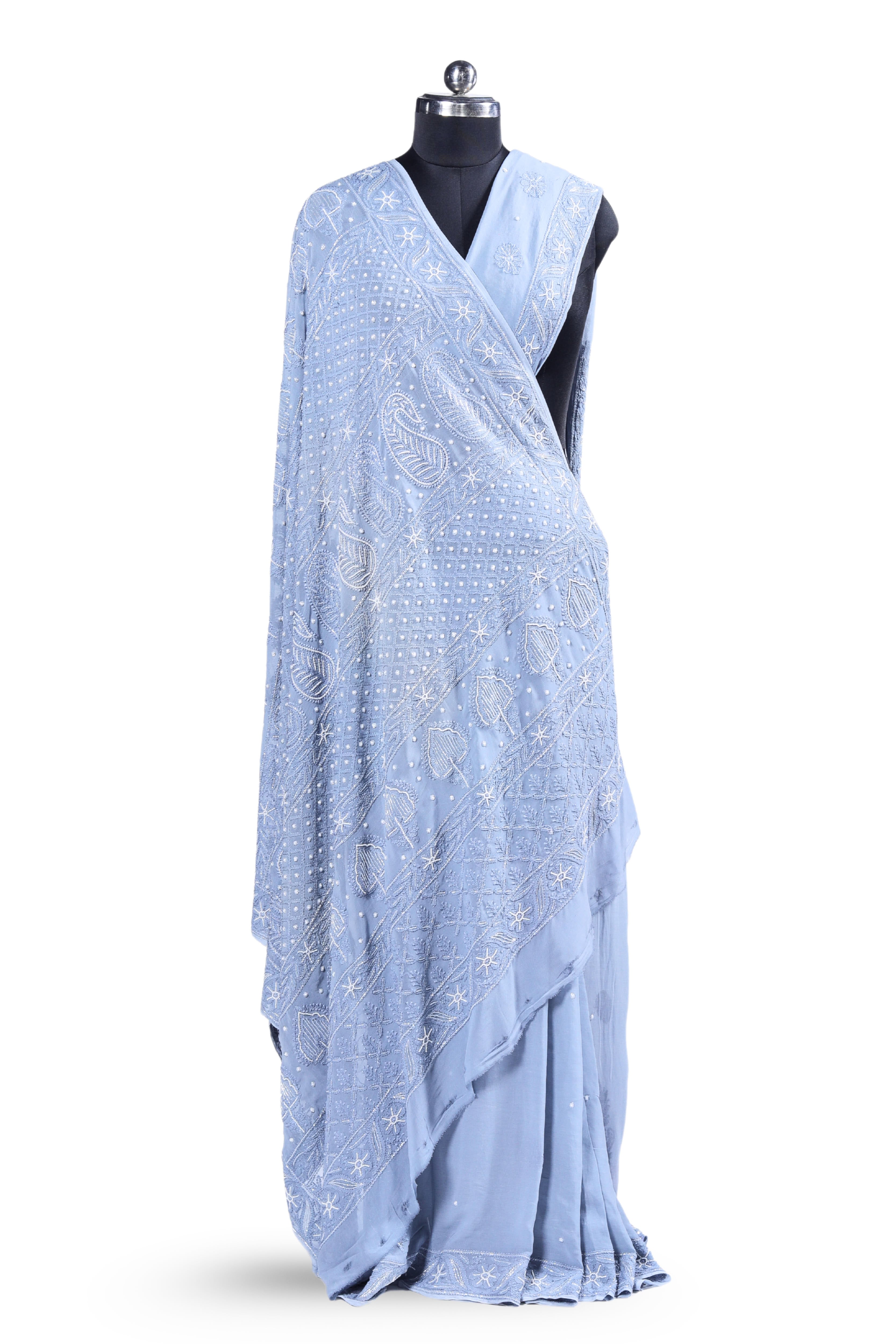 Viscose Georgette Chikankari Saree with Cutdana Moti Work (Light Grey)