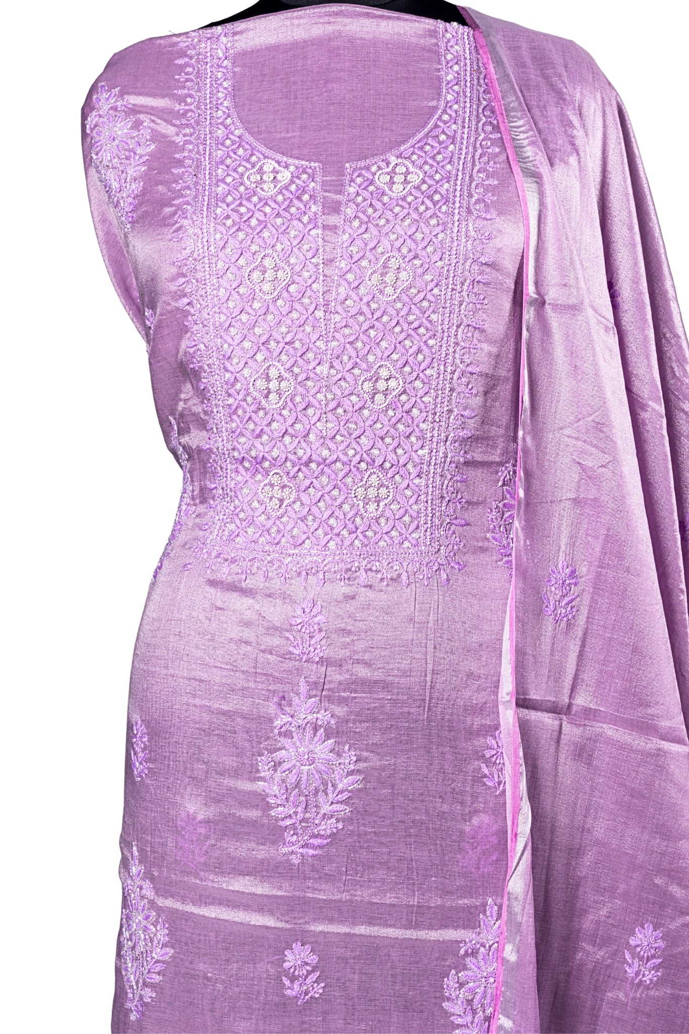 Tissue Chikankari Suit with Cutdana Moti & Add On Work (3 Piece, Unstitched, Mauve)