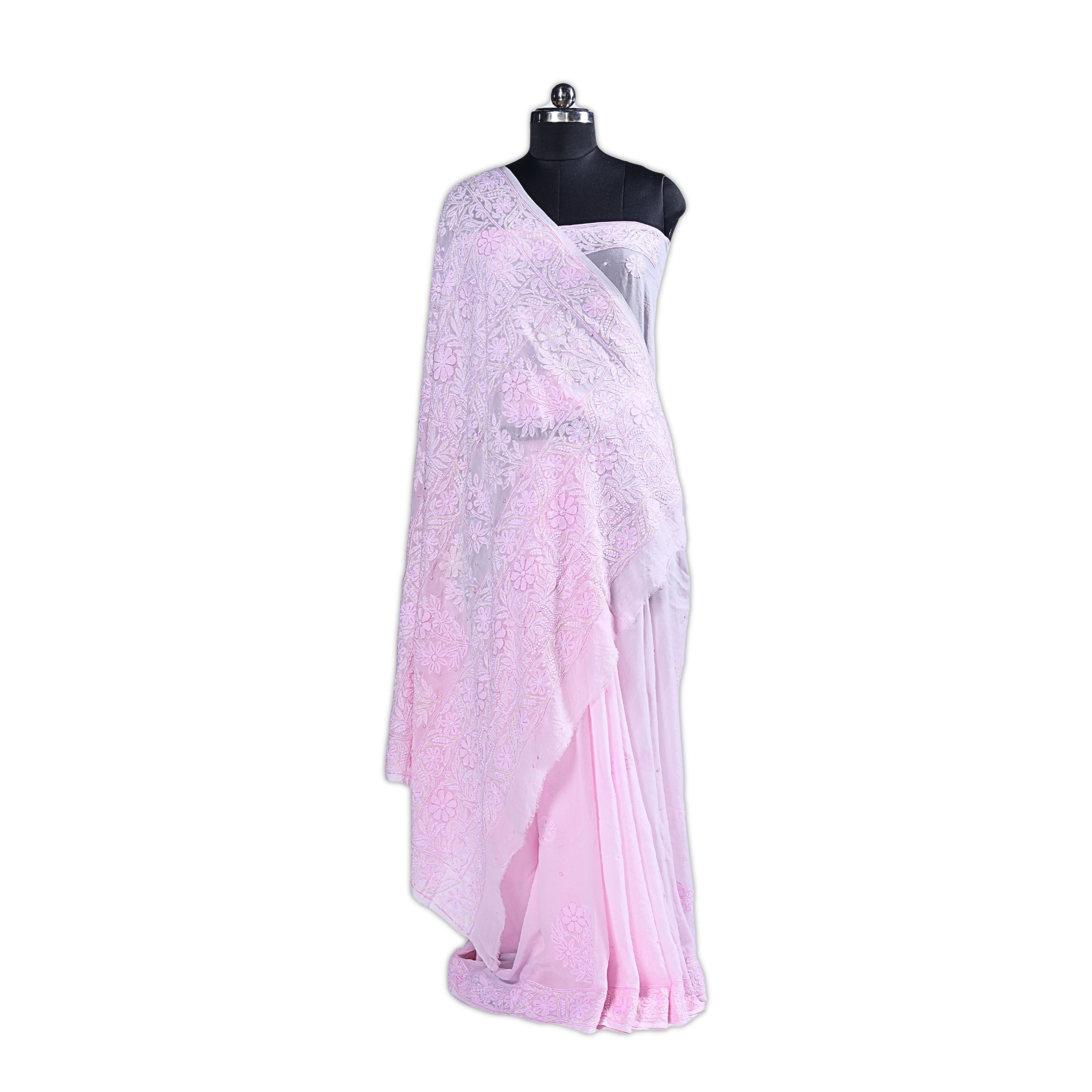 Viscose Georgette Chikankari Saree with Cutdana Moti Work(Light Pink)