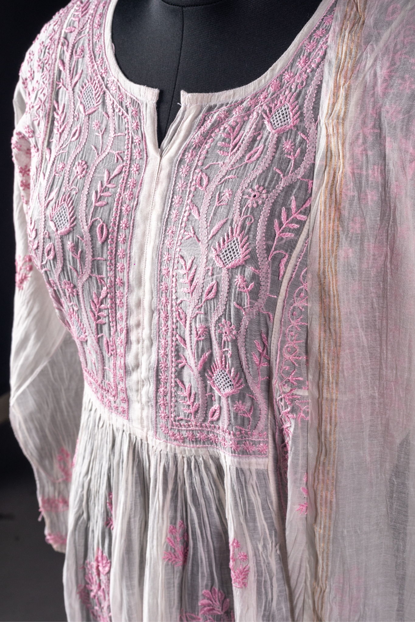 Mul Chanderi Semi-stitched Chikankari Anarkali Suit (3 Piece, Off-White with Coloured Embroidery)