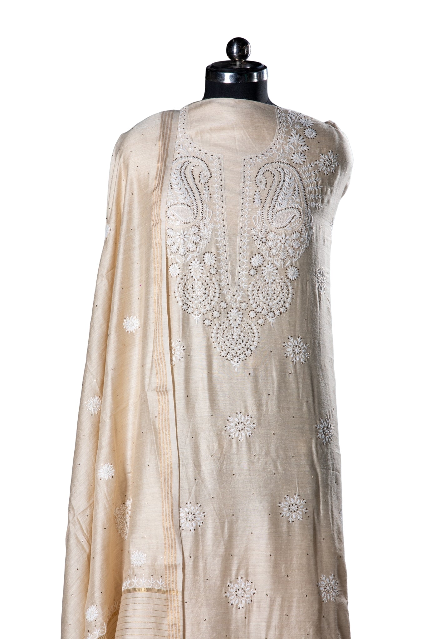Moga Silk Chikankari Suit with Mukaish Work(3 Piece, Unstitched, Beige)