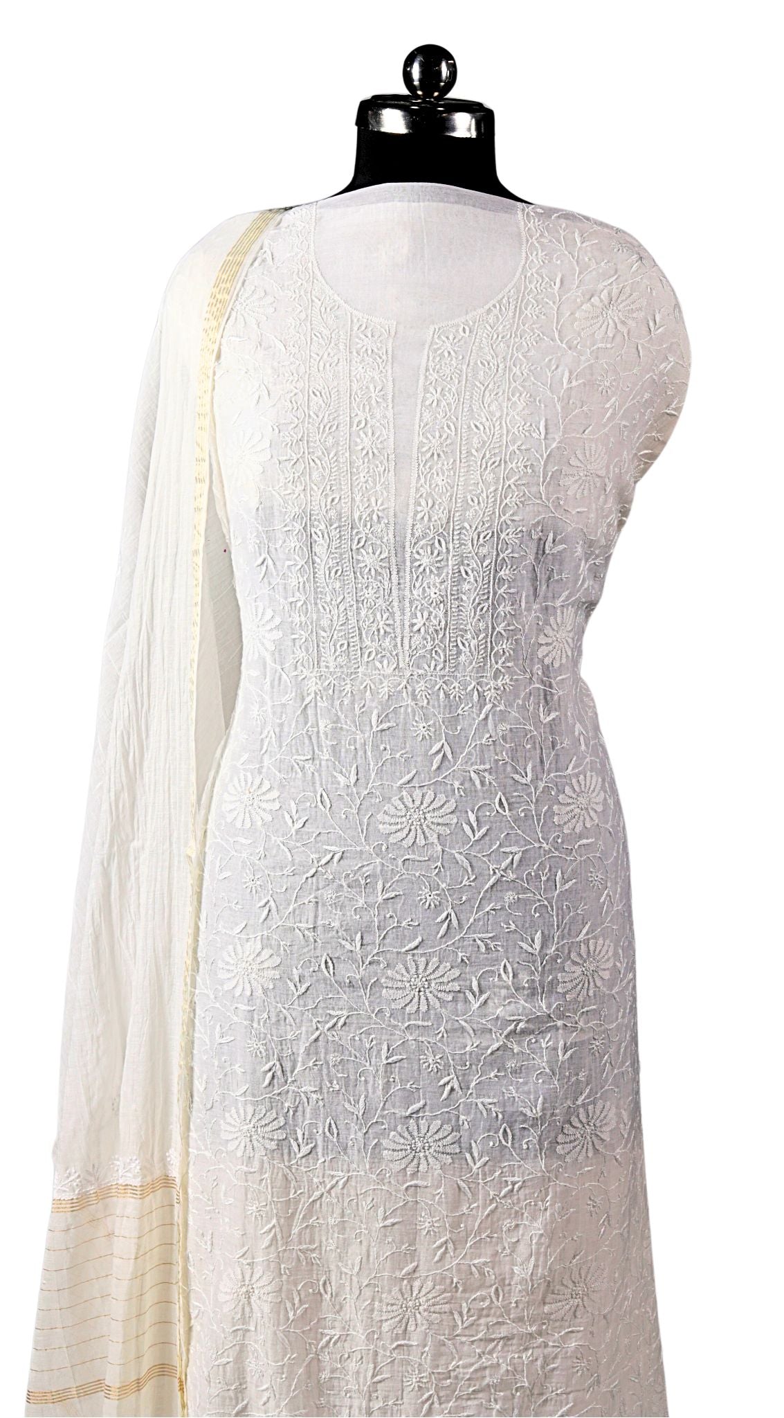 Mul Chanderi Chikankari Suit with Full Jaal Work (3 Piece, Unstitched, Dyeable, Off-White)