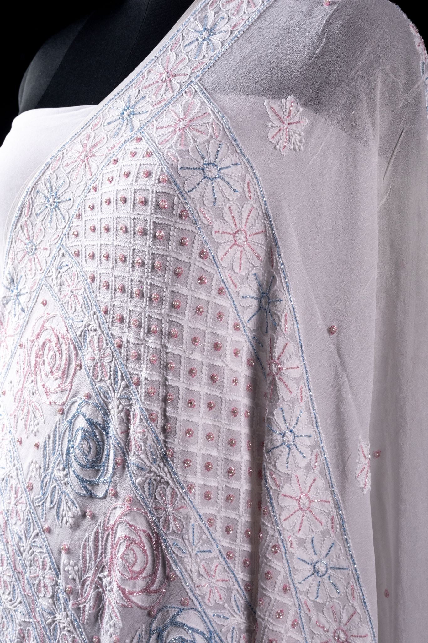 Viscose Georgette Chikankari Saree with Multicoloured Cutdana Moti Work (White)