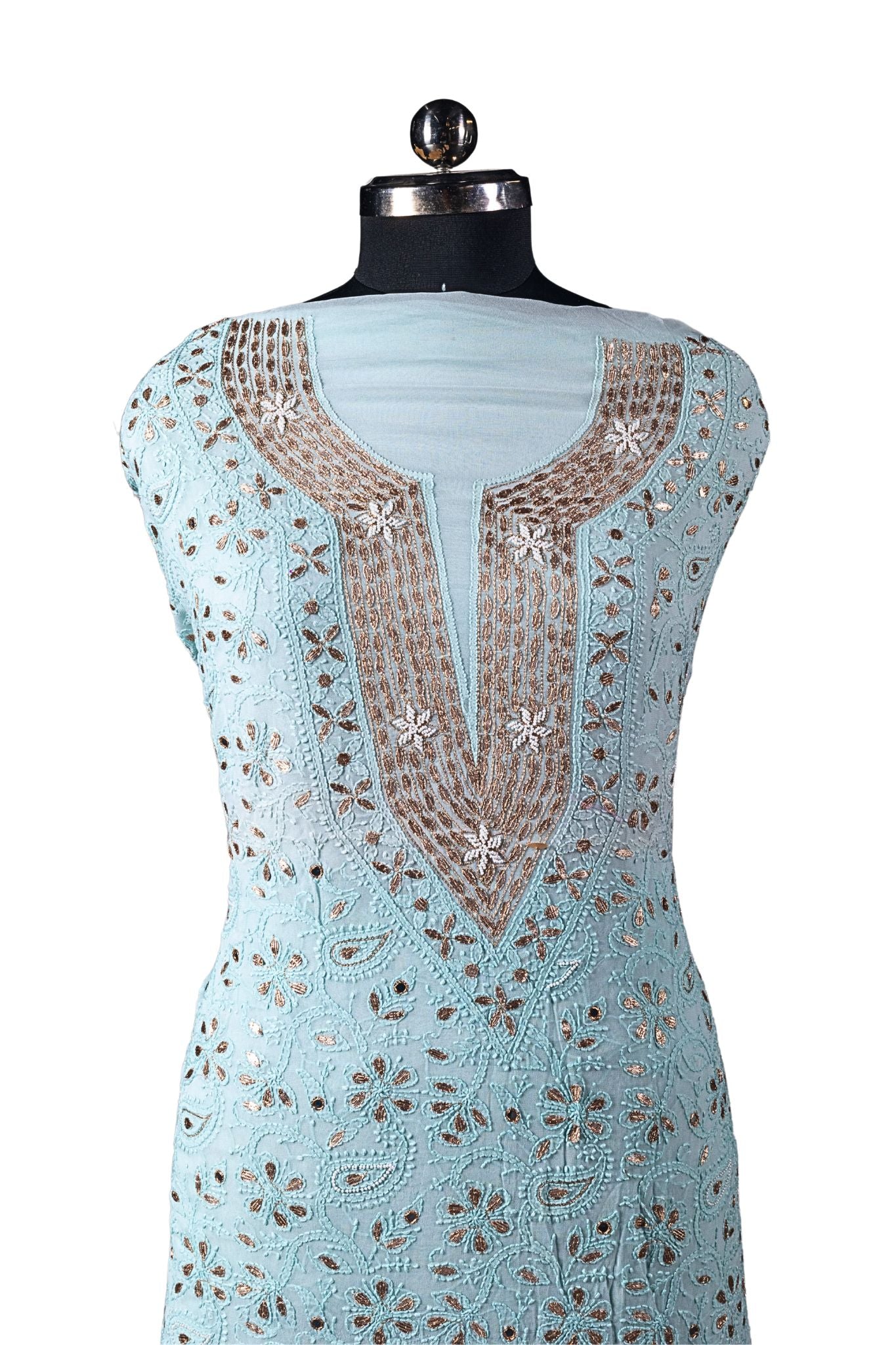 Viscose Chikankari Suit with Gota Patti All Over Work (3 Piece, Unstitched, Aqua)