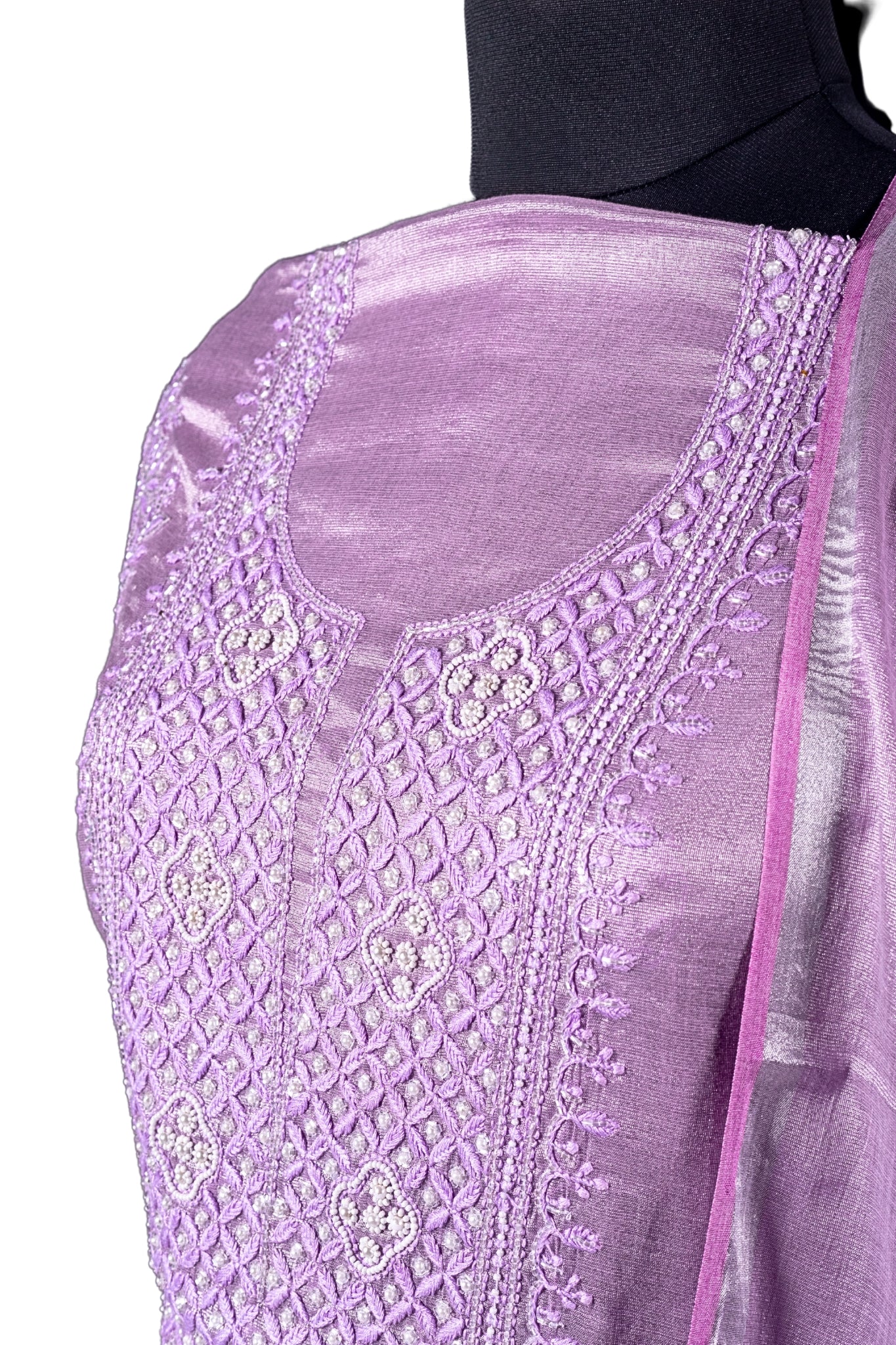 Tissue Chikankari Suit with Cutdana Moti & Add On Work (3 Piece, Unstitched, Mauve)