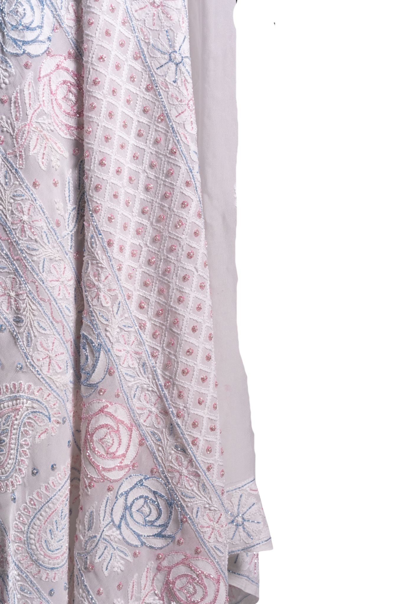 Viscose Georgette Chikankari Saree with Multicoloured Cutdana Moti Work (White)