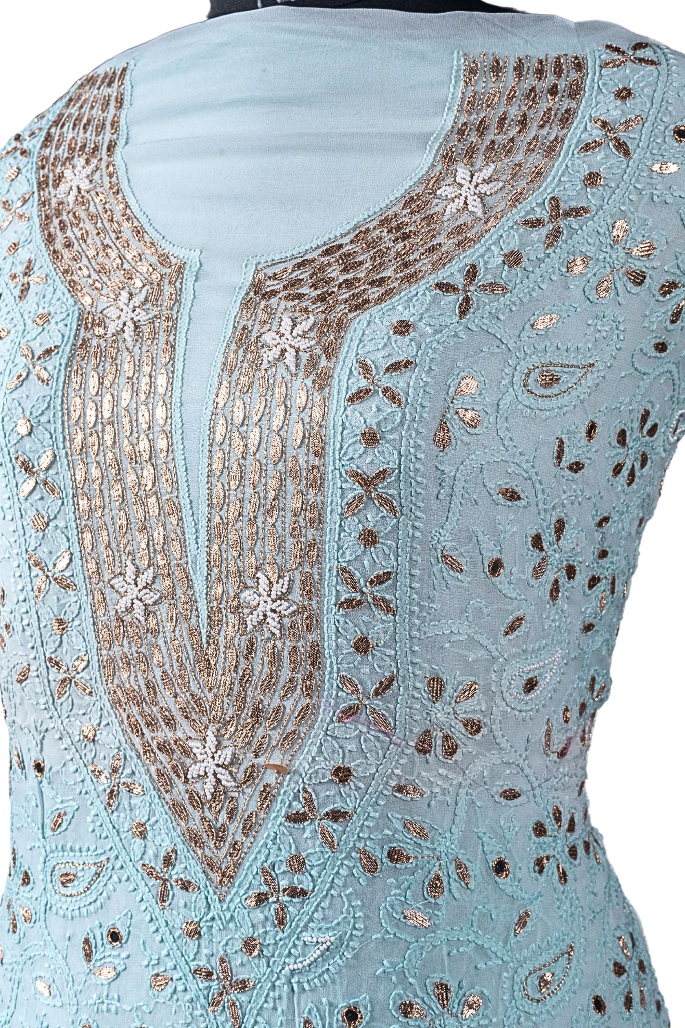 Viscose Chikankari Suit with Gota Patti All Over Work (3 Piece, Unstitched, Aqua)
