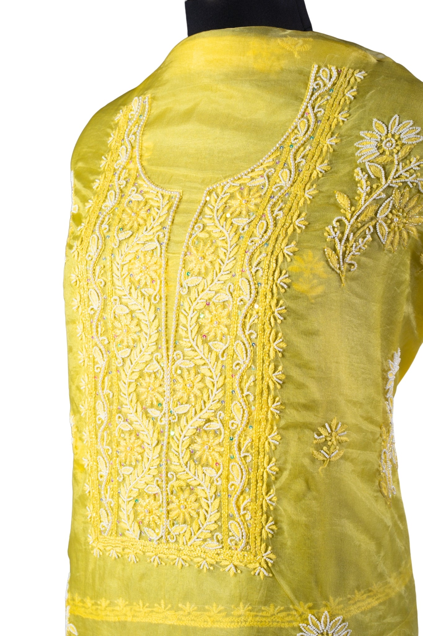 Organza Chikankari Suit with Cutdana Moti Work(4 Piece, Unstitched, Yellow)