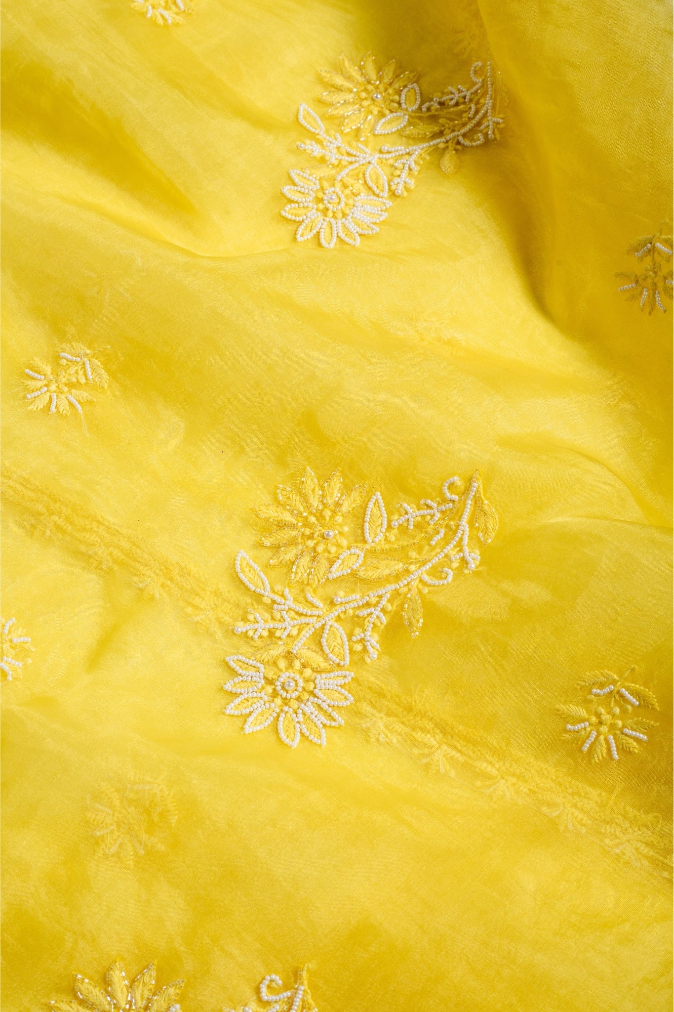 Organza Chikankari Suit with Cutdana Moti Work(4 Piece, Unstitched, Yellow)
