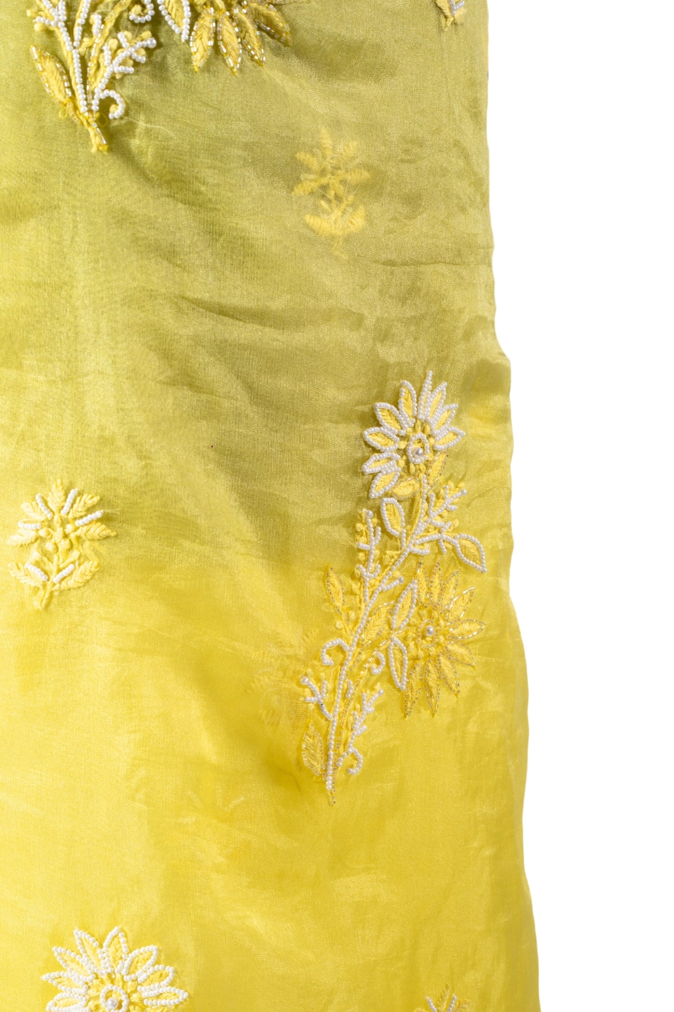 Organza Chikankari Suit with Cutdana Moti Work(4 Piece, Unstitched, Yellow)