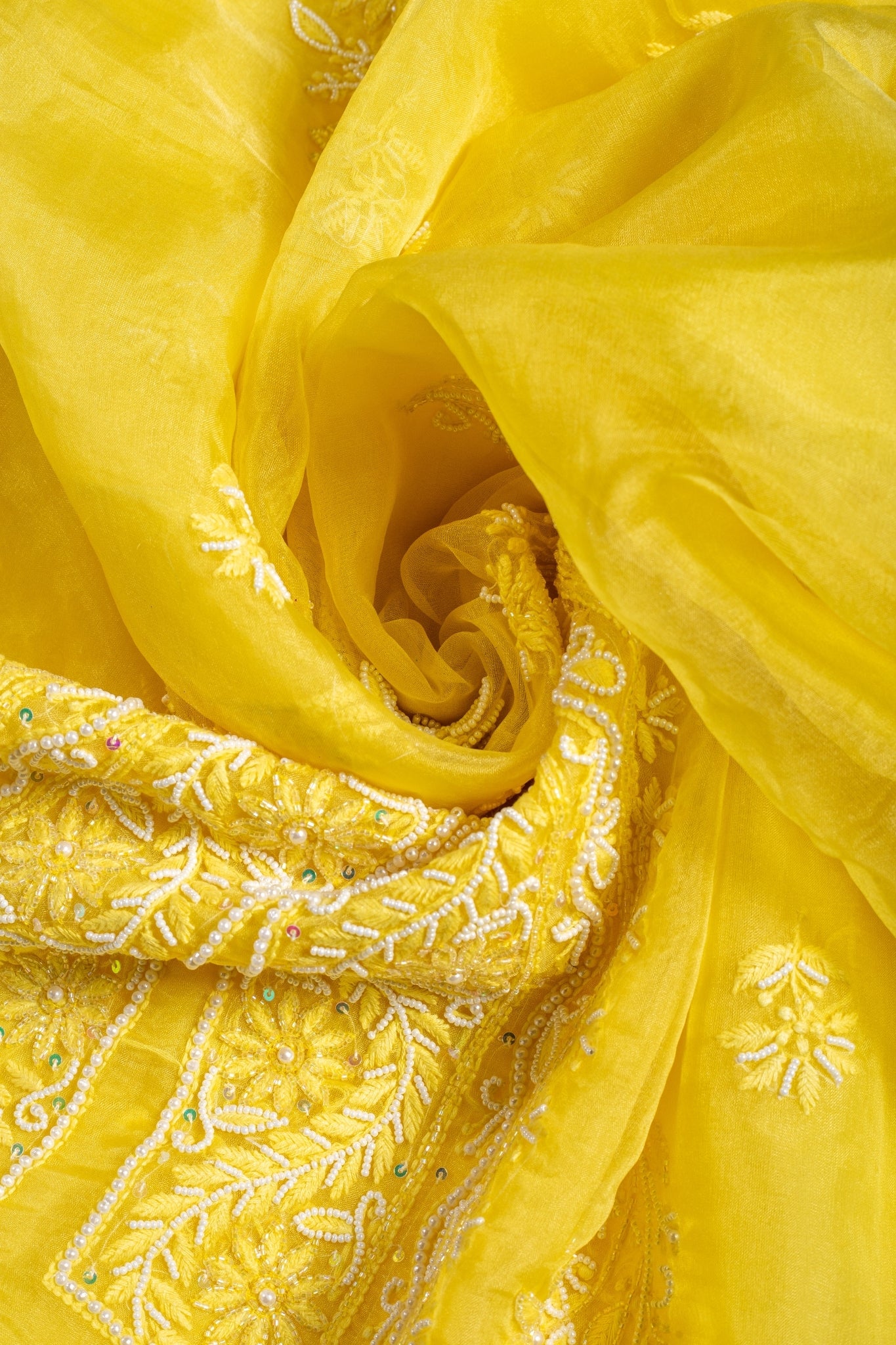 Organza Chikankari Suit with Cutdana Moti Work(4 Piece, Unstitched, Yellow)