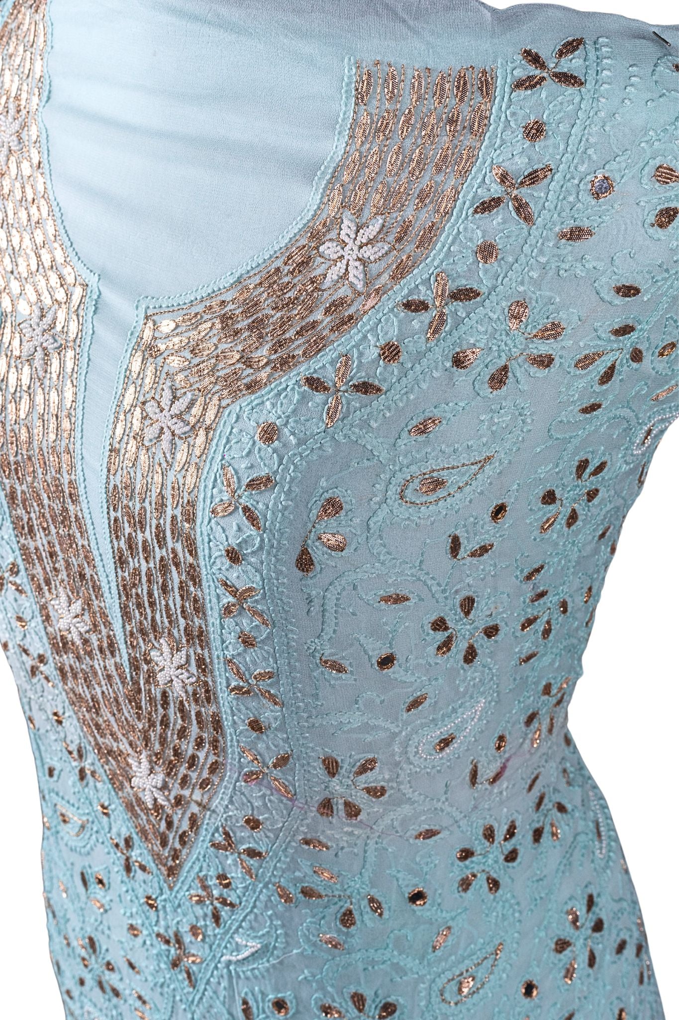 Viscose Chikankari Suit with Gota Patti All Over Work (3 Piece, Unstitched, Aqua)