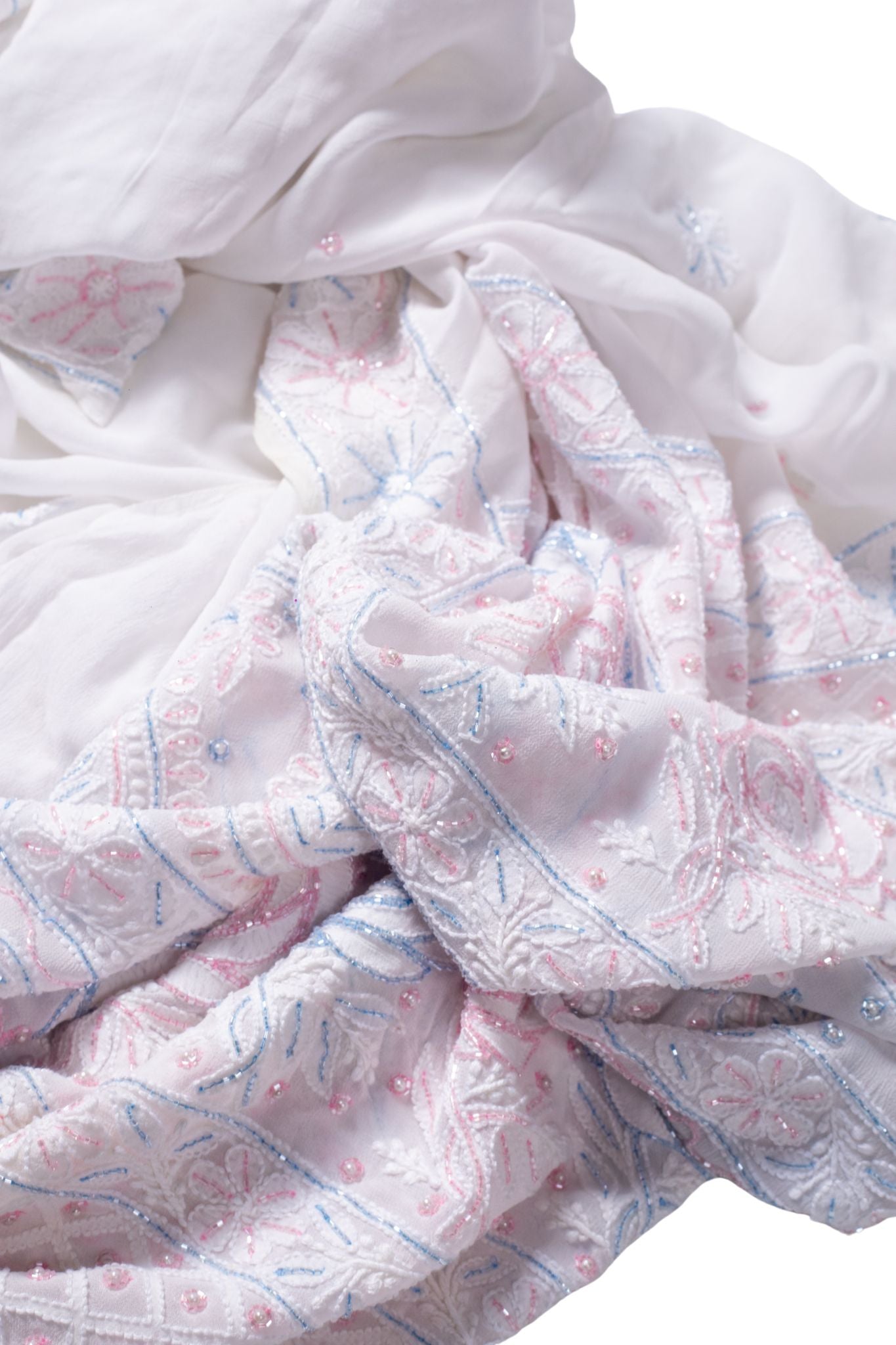 Viscose Georgette Chikankari Saree with Multicoloured Cutdana Moti Work (White)