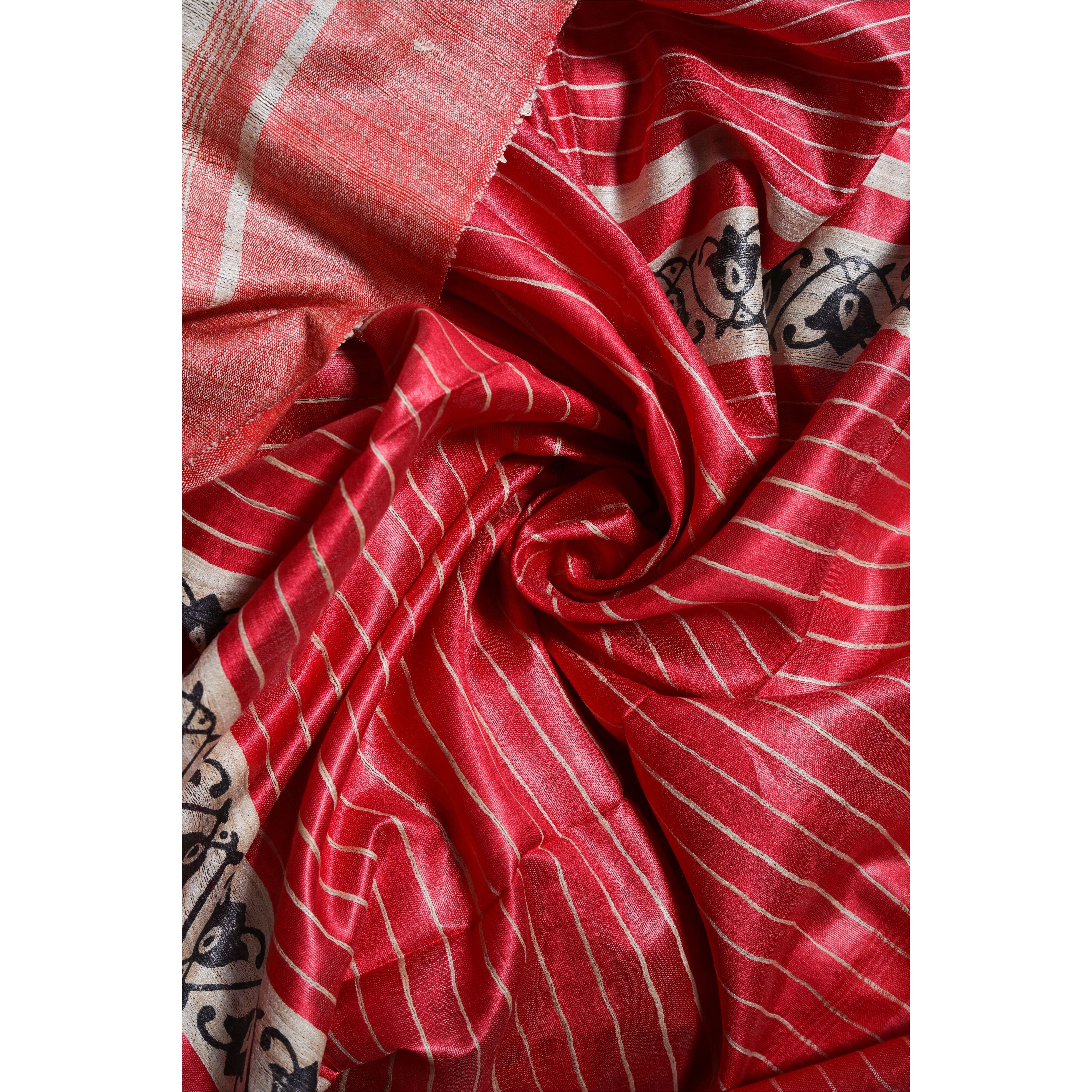 Bengali Handloom Gicha Tussar Silk Saree (Soft Beige/Red)