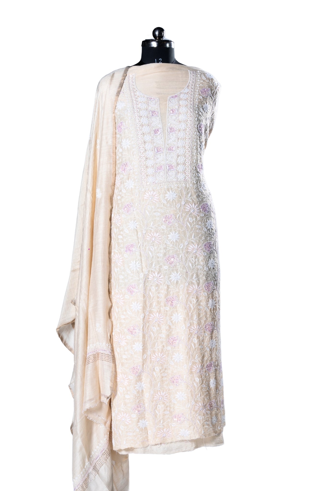 Moga Silk Chikankari Suit with Mukaish Work(3 Piece, Unstitched, Beige)