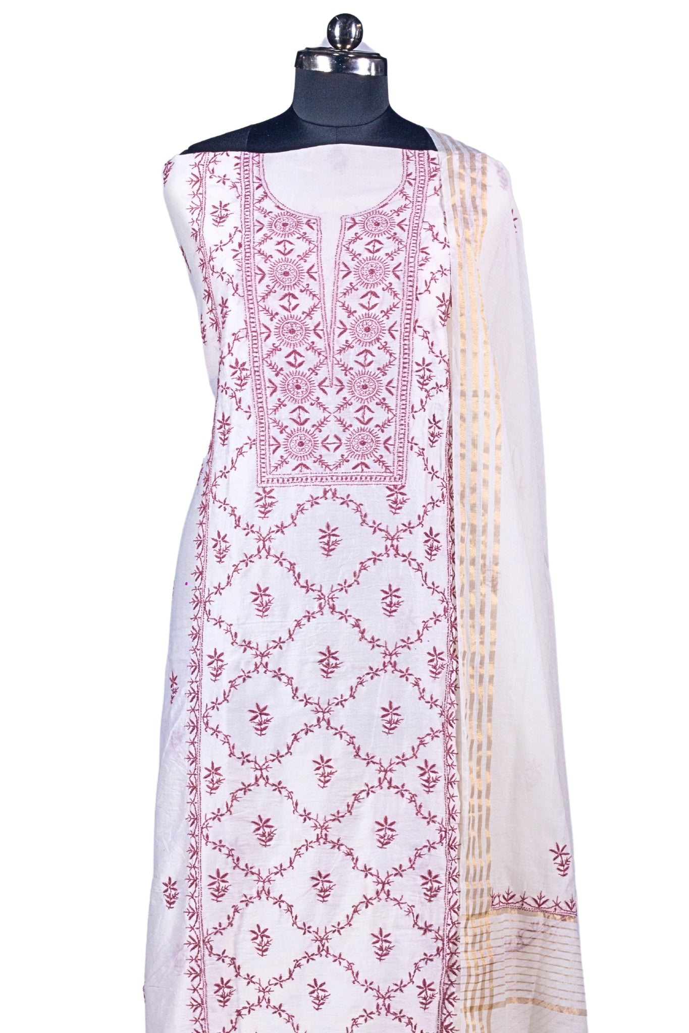 Mul Chikankari Suit with Panel Work (3 Piece, Unstitched, White/Brown)
