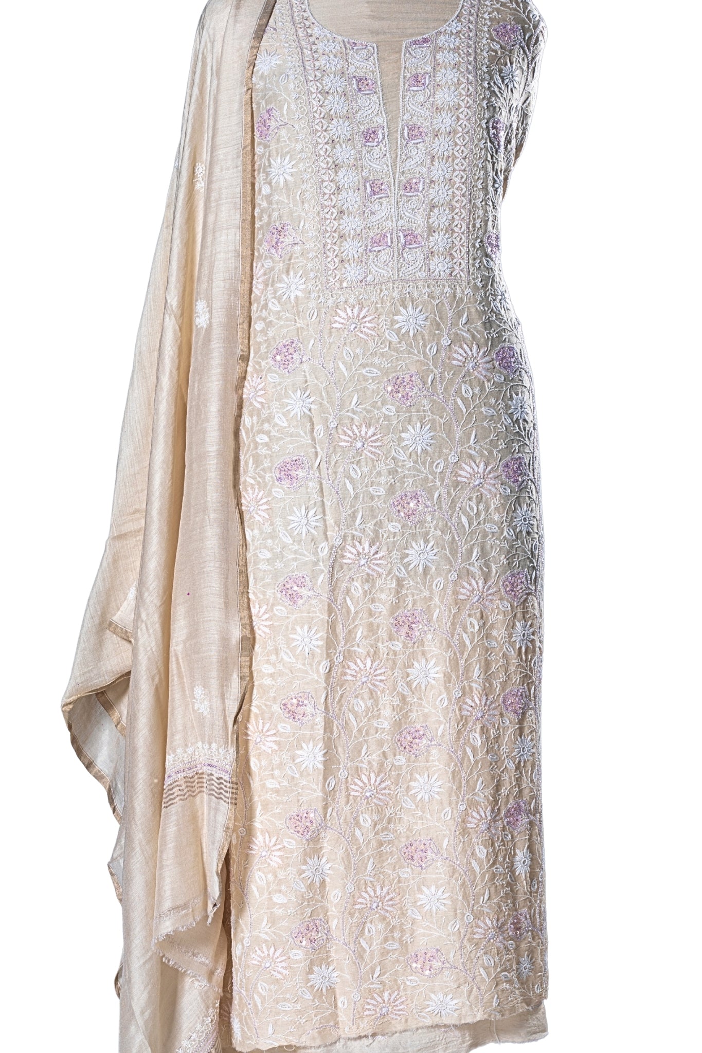 Moga Silk Chikankari Suit with Mukaish Work(3 Piece, Unstitched, Beige)