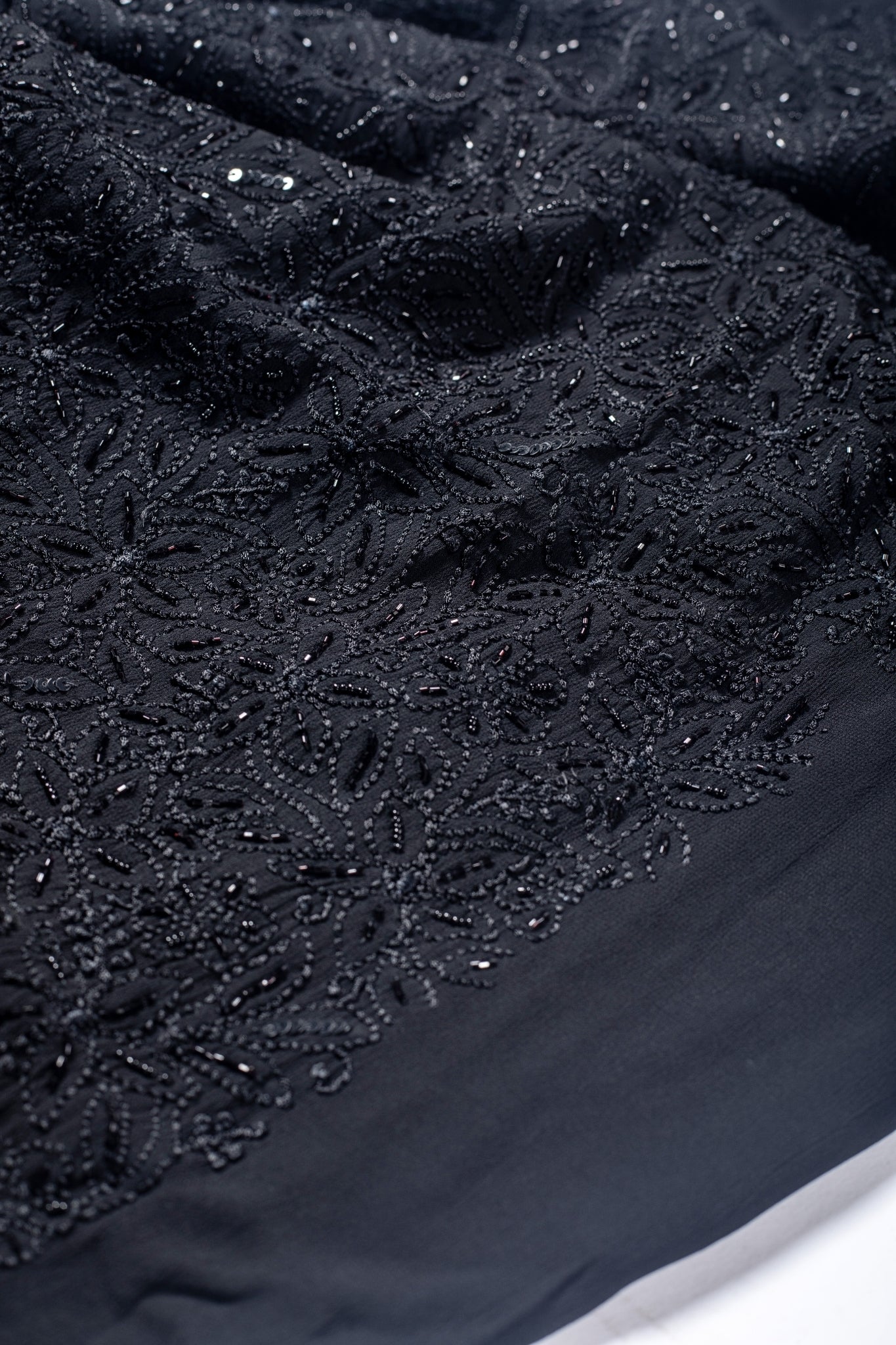 Viscose Georgette Chikankari Suit with Cutdana, Moti & Silk Embroidery Work (4 Piece, Unstitched, Black)