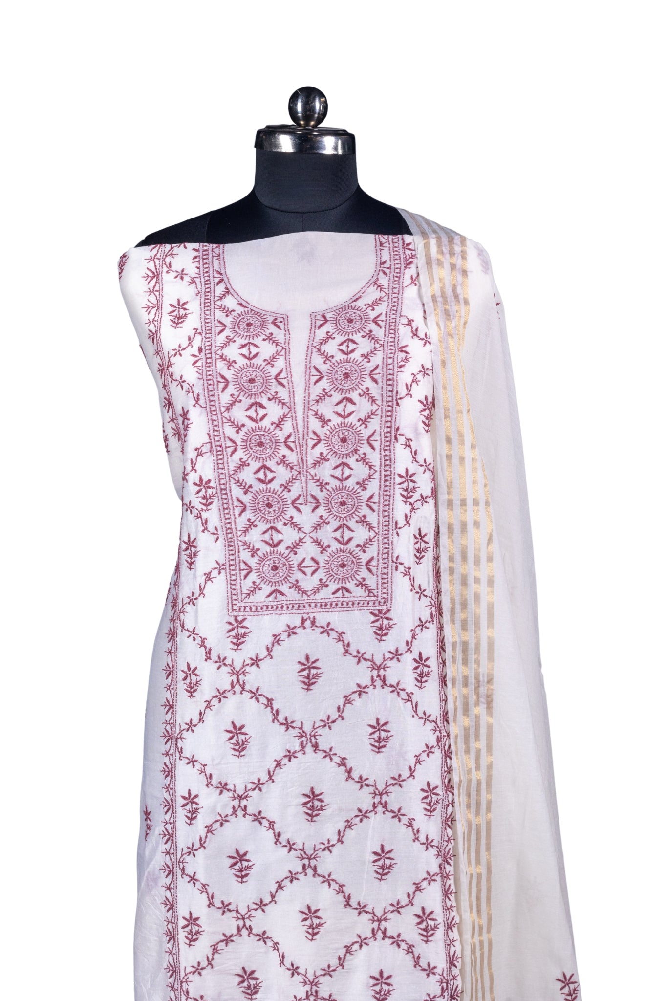 Mul Chikankari Suit with Panel Work (3 Piece, Unstitched, White/Brown)