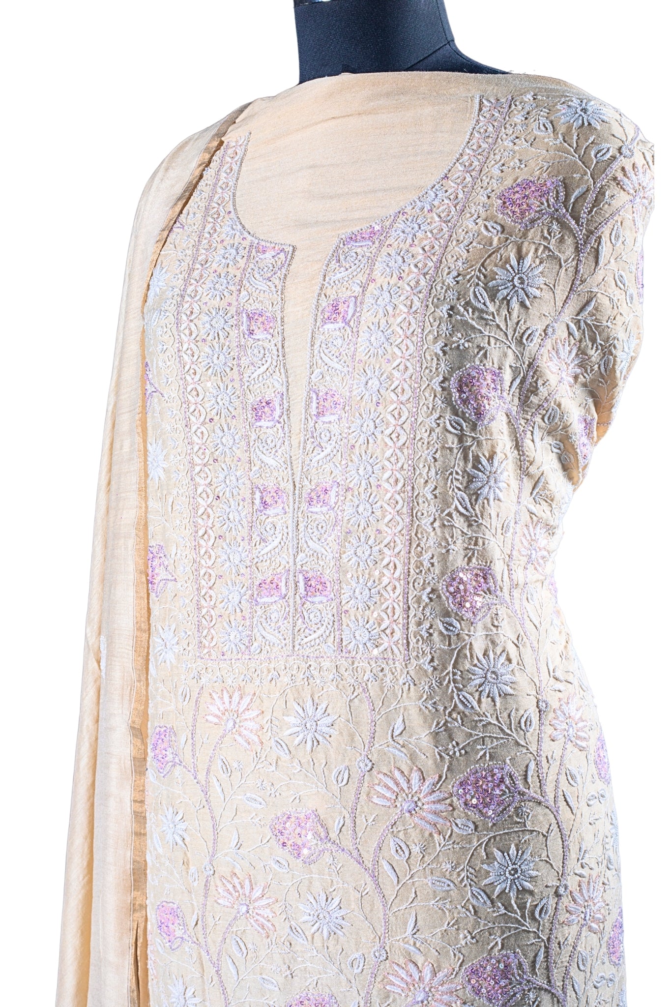 Moga Silk Chikankari Suit with Mukaish Work(3 Piece, Unstitched, Beige)