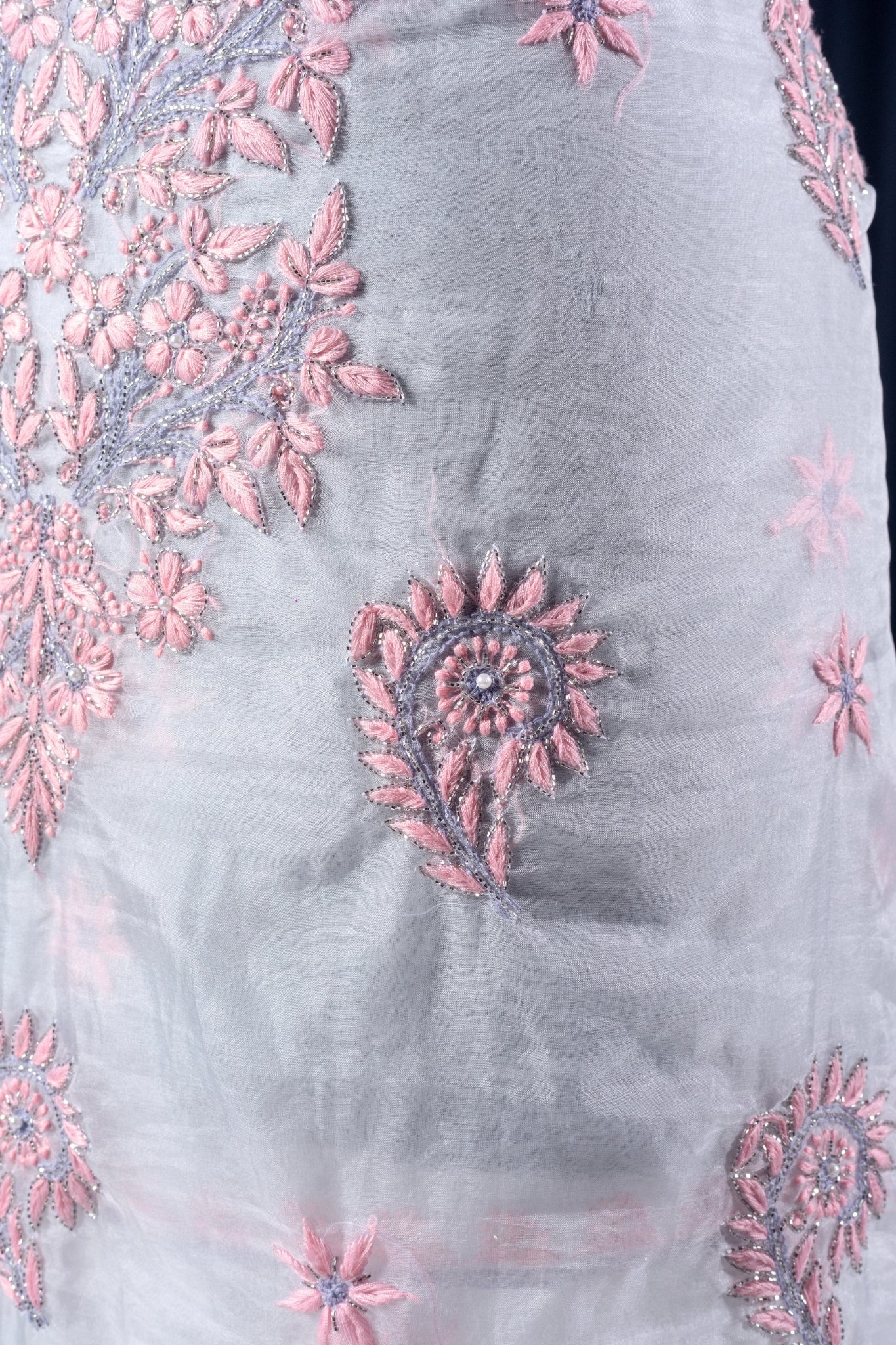 Organza Chikankari Suit with Cutdana Moti Work(4 Piece, Unstitched, Light Grey)