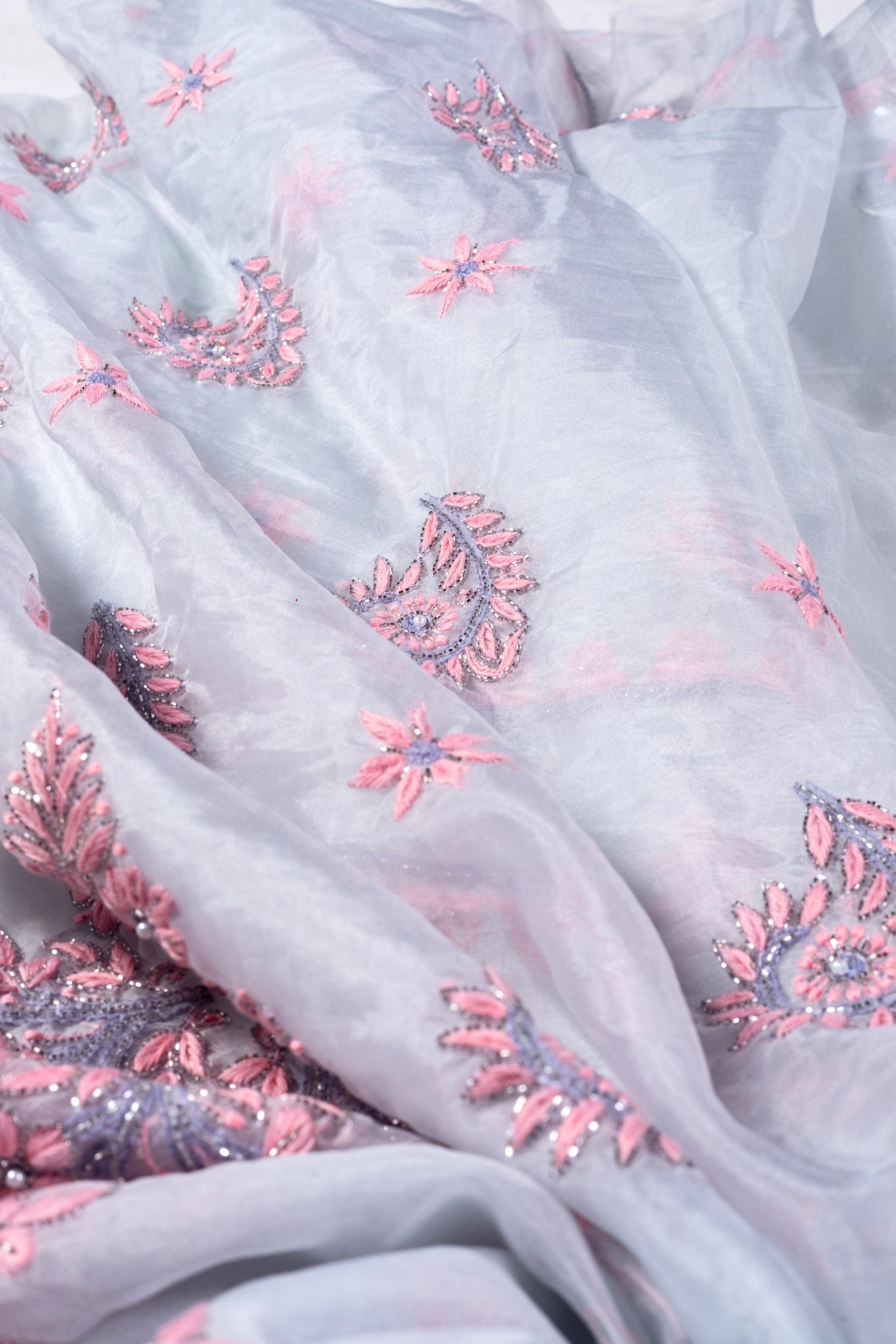 Organza Chikankari Suit with Cutdana Moti Work(4 Piece, Unstitched, Light Grey)