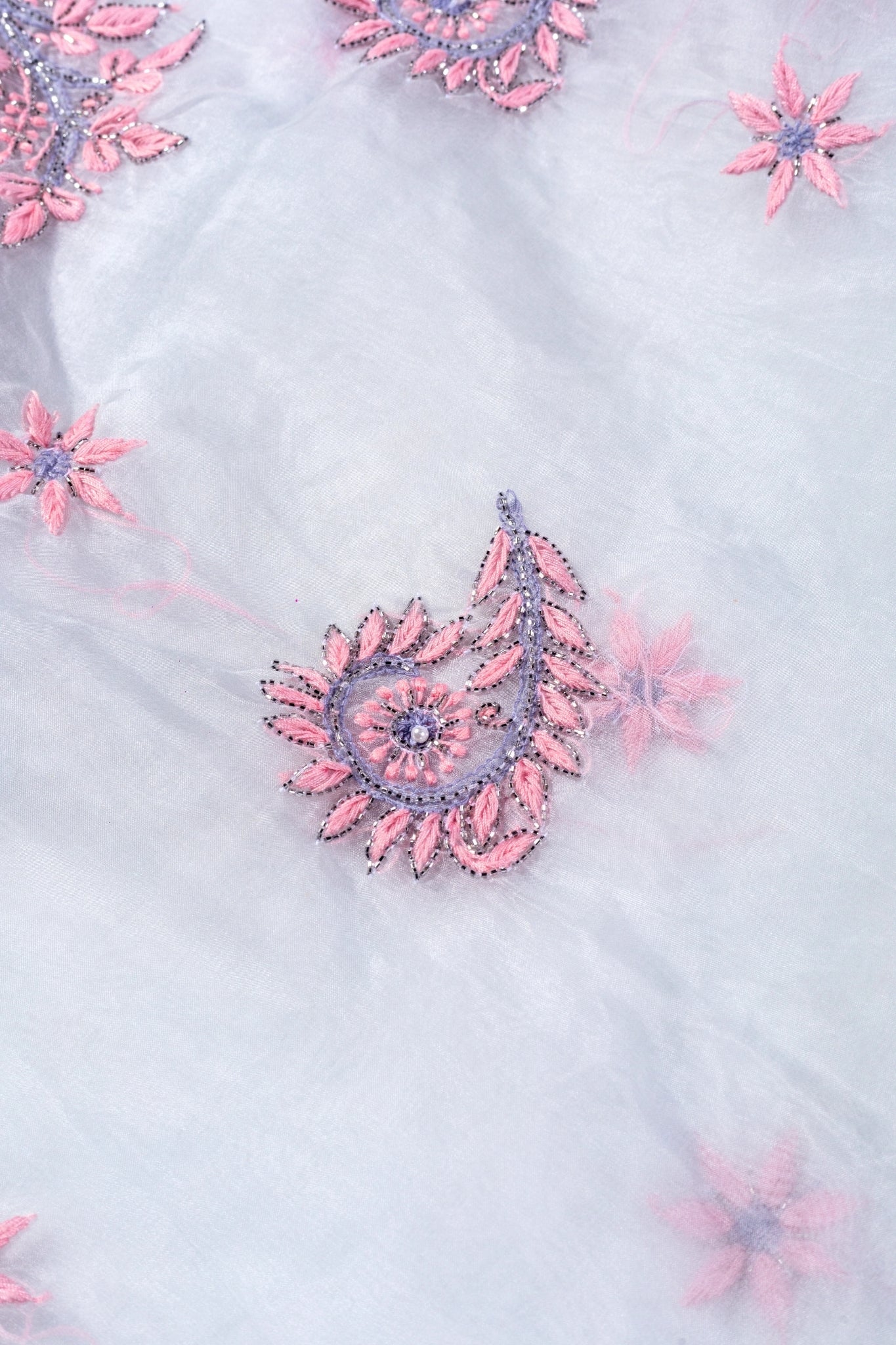 Organza Chikankari Suit with Cutdana Moti Work(4 Piece, Unstitched, Light Grey)