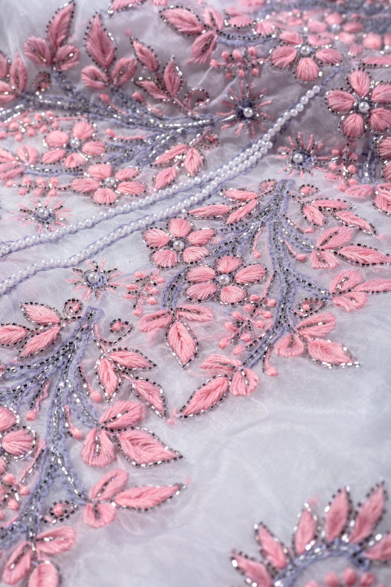 Organza Chikankari Suit with Cutdana Moti Work(4 Piece, Unstitched, Light Grey)