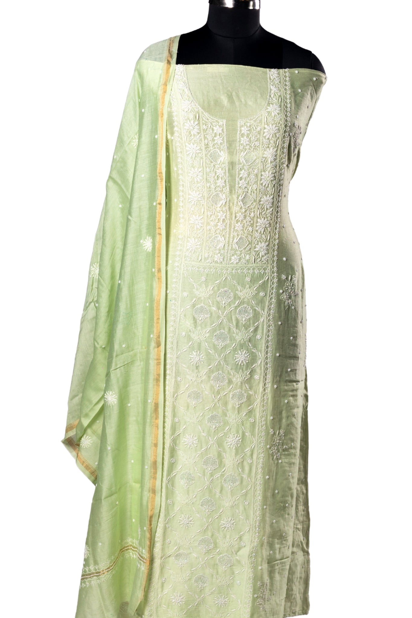 Mul Chanderi Chikankari Suit with Cutdana Moti Work (3 Piece, Unstitched, Sea Green)