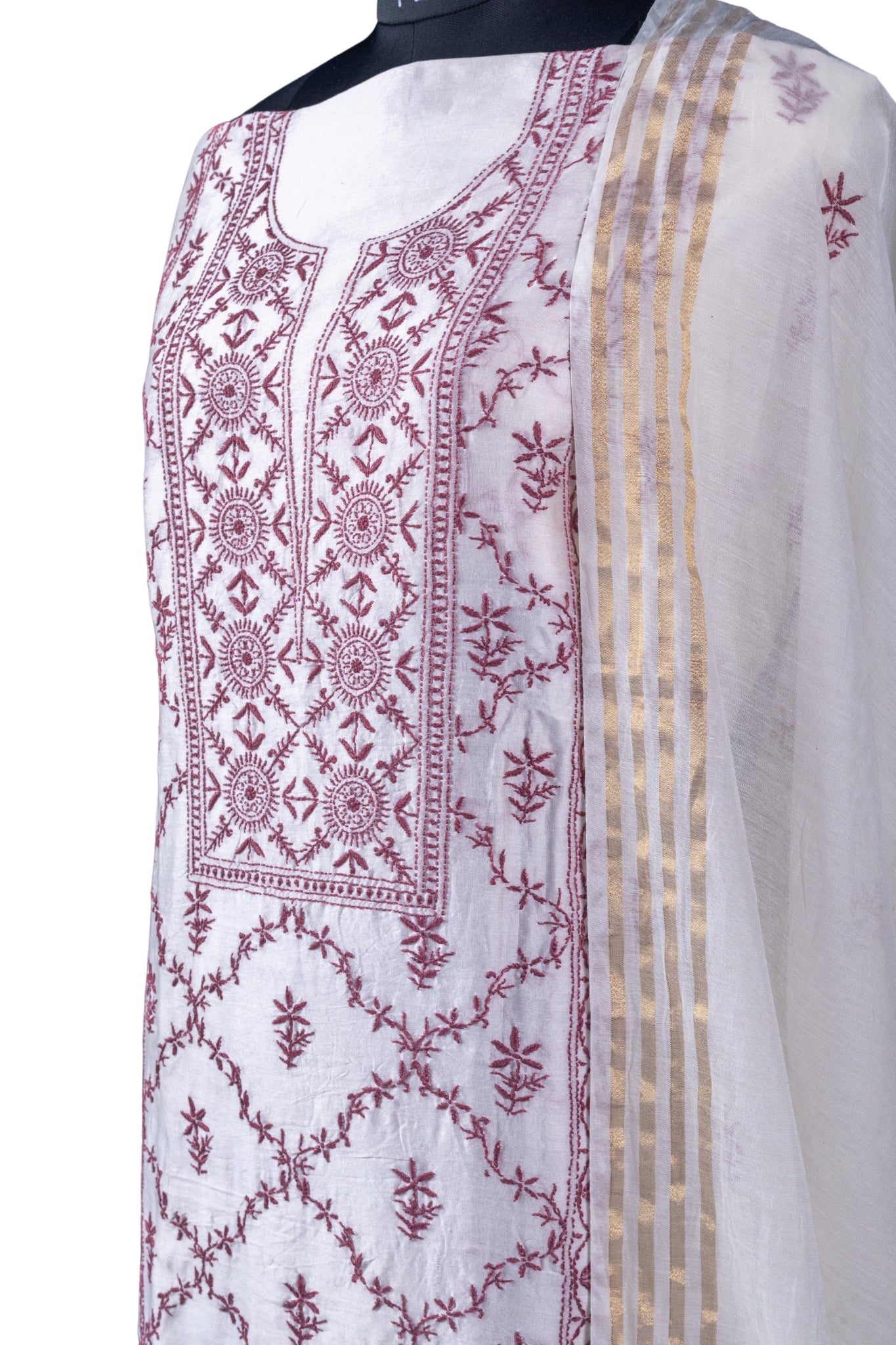 Mul Chikankari Suit with Panel Work (3 Piece, Unstitched, White/Brown)