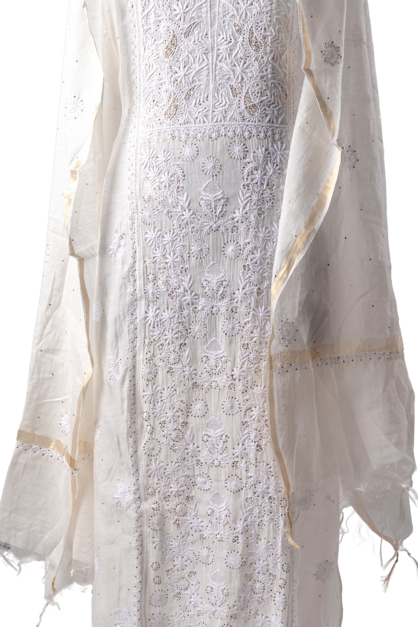 Mul Chanderi Chikankari with Mukaish Suit (3 Piece, Unstitched, Off-white, Dyeable))
