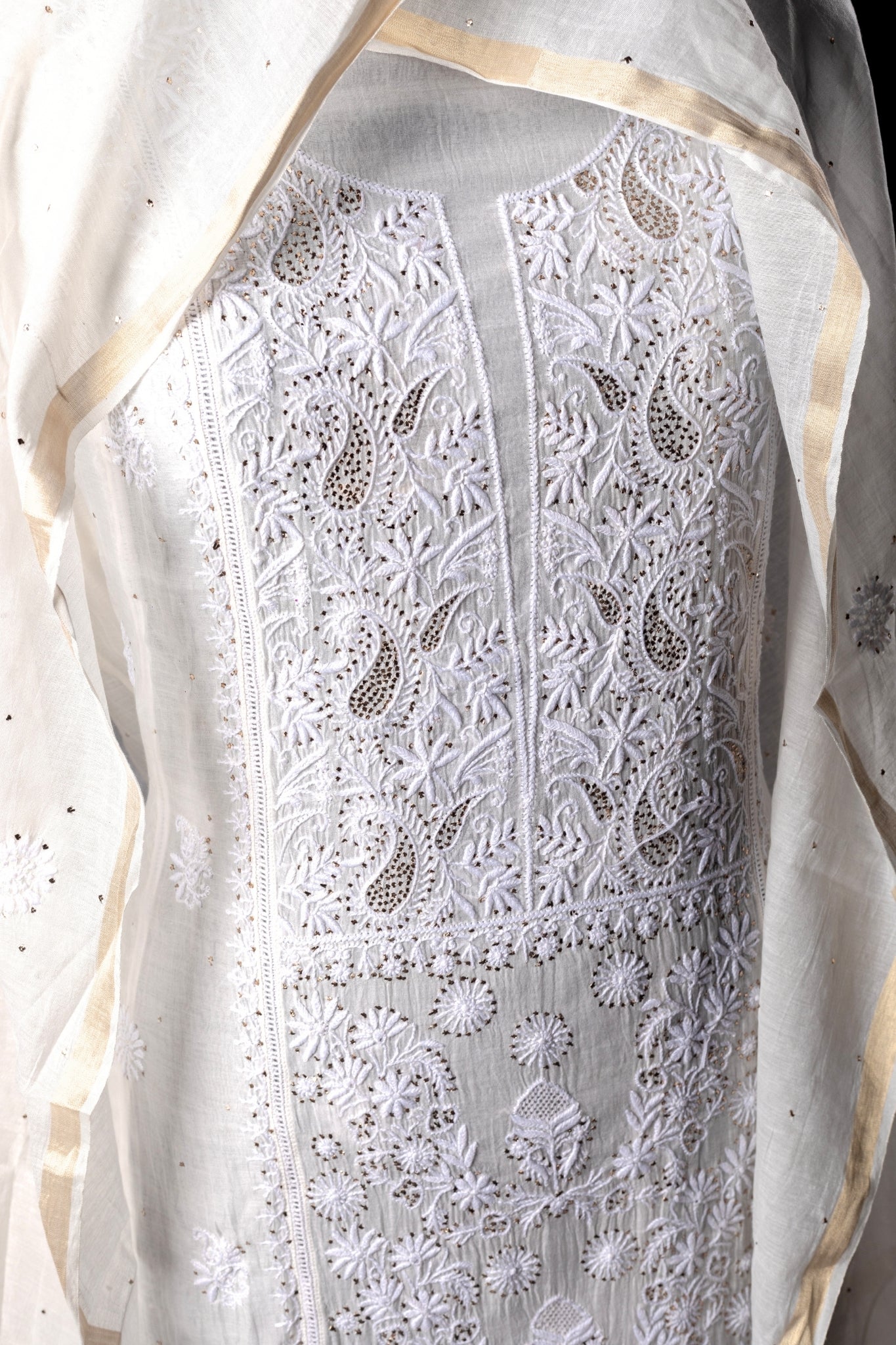Mul Chanderi Chikankari with Mukaish Suit (3 Piece, Unstitched, Off-white, Dyeable))