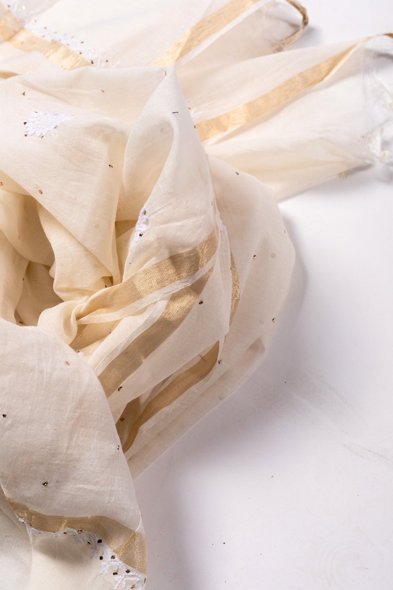 Mul Chanderi Chikankari with Mukaish Suit (3 Piece, Unstitched, Off-white, Dyeable))