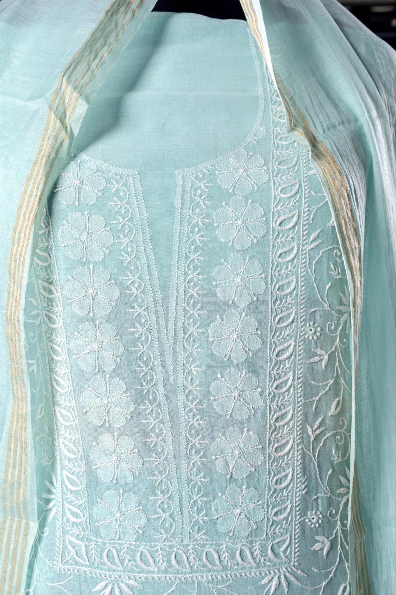 Mul Chanderi Chikankari Suit with Shadow Work(3 Piece, Unstitched, Sea Green)