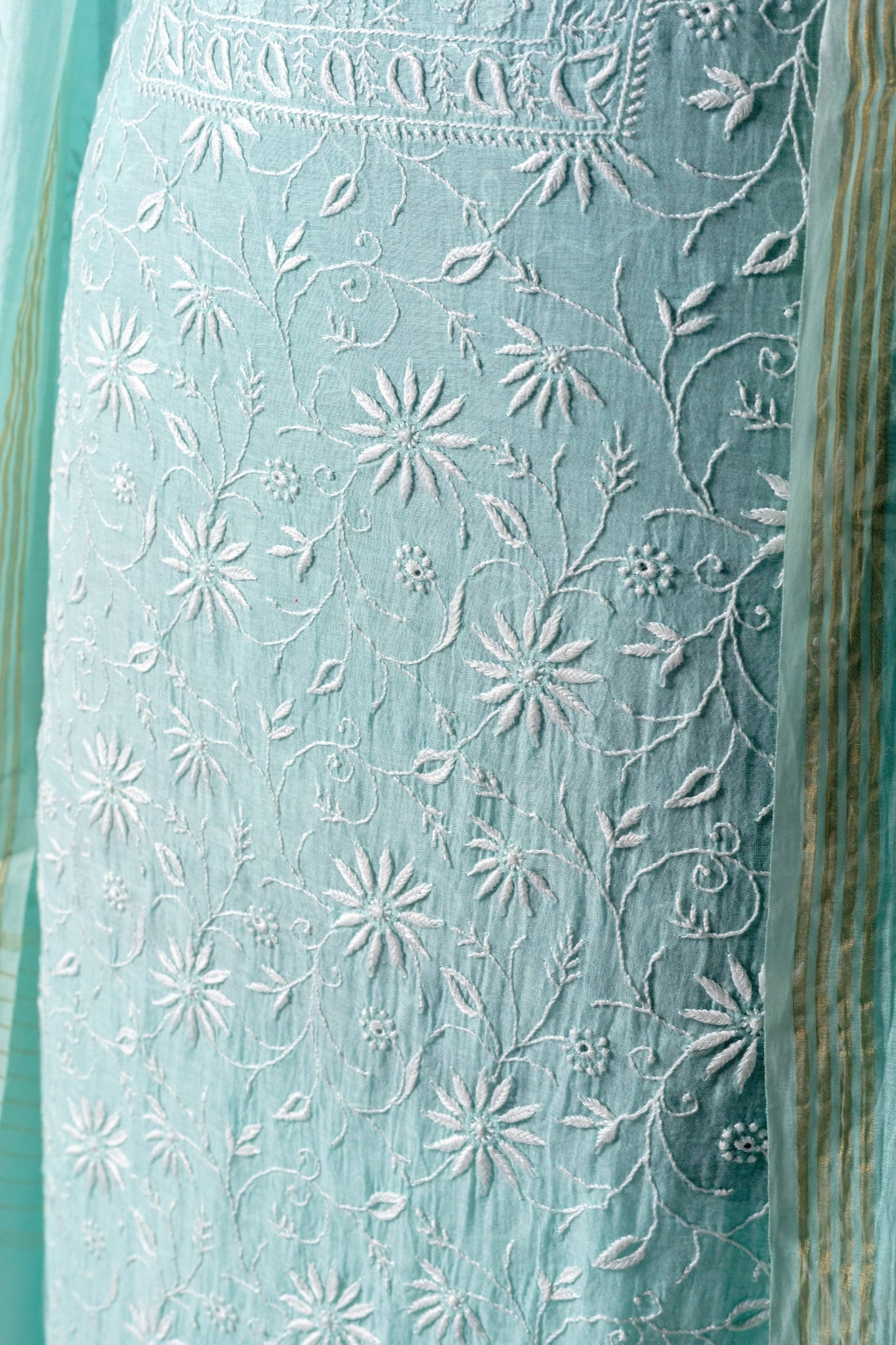 Mul Chanderi Chikankari Suit with Shadow Work(3 Piece, Unstitched, Sea Green)