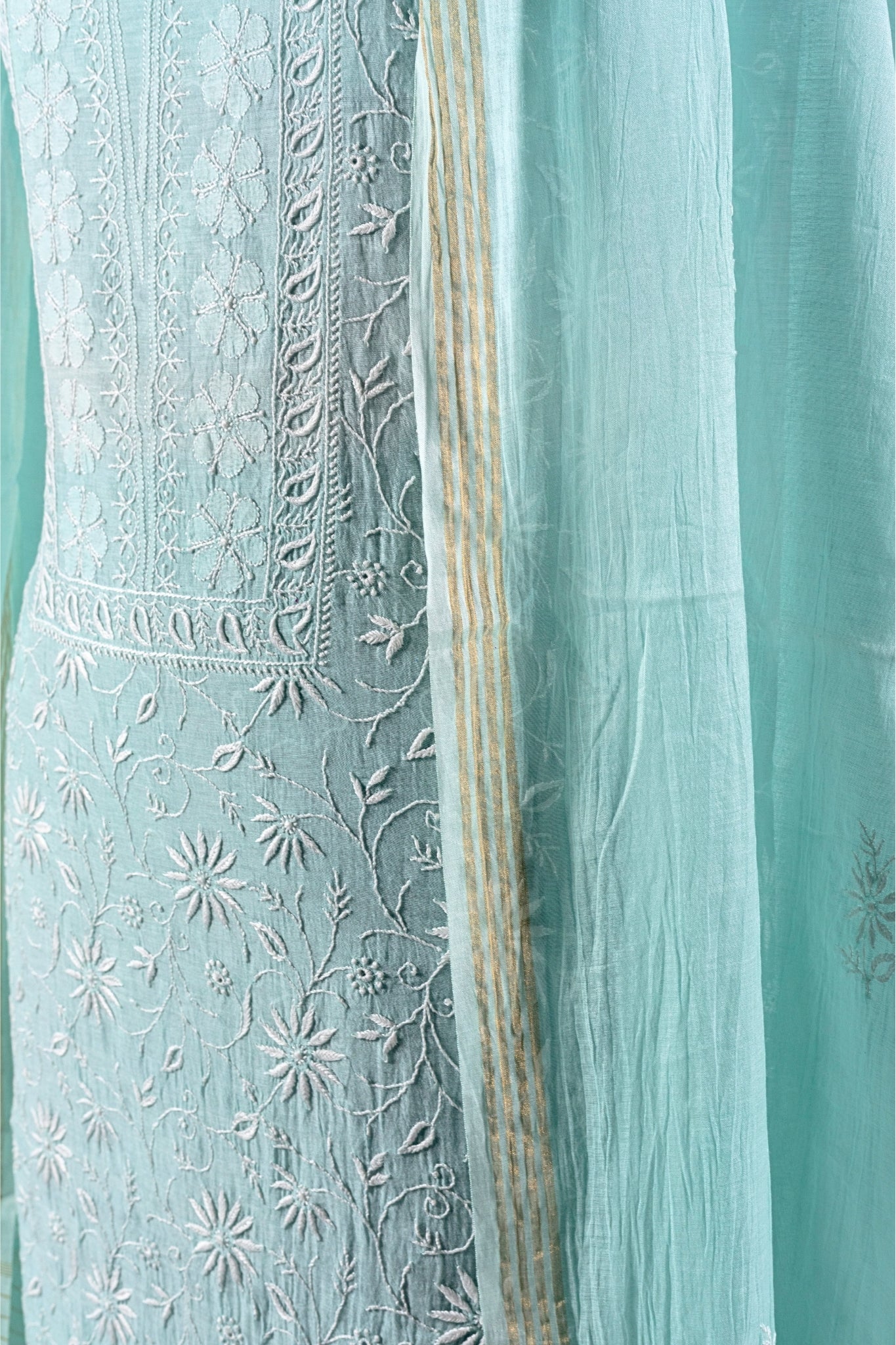 Mul Chanderi Chikankari Suit with Shadow Work(3 Piece, Unstitched, Sea Green)