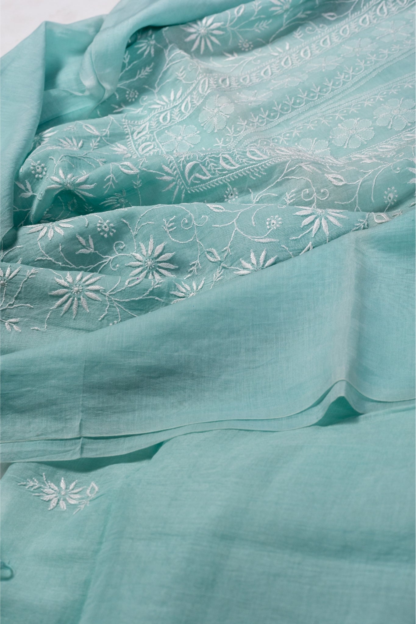 Mul Chanderi Chikankari Suit with Shadow Work(3 Piece, Unstitched, Sea Green)