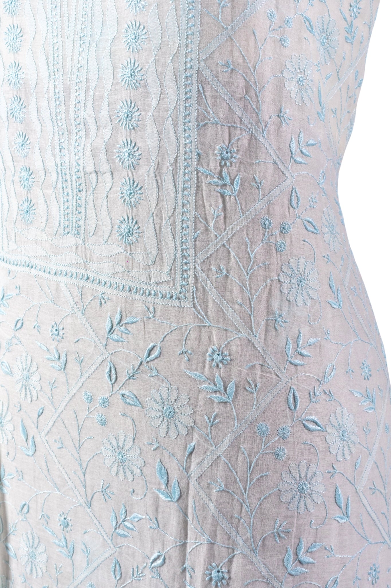 Mul Chanderi Full Jaal Chikankari Work Suit (3 Piece, Unstitched, Off-White/Blue)