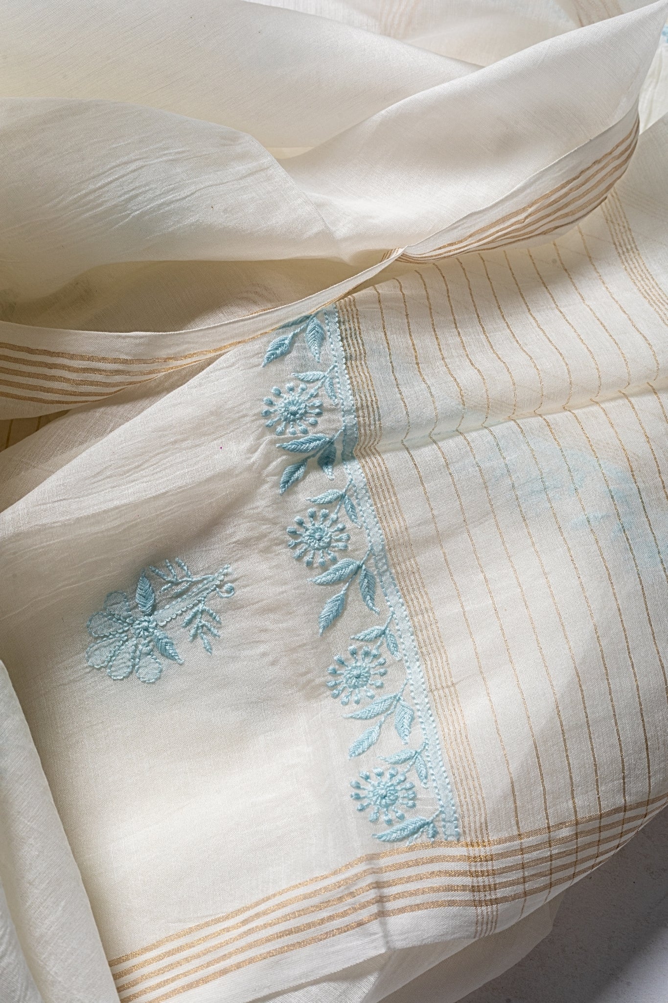 Mul Chanderi Full Jaal Chikankari Work Suit (3 Piece, Unstitched, Off-White/Blue)