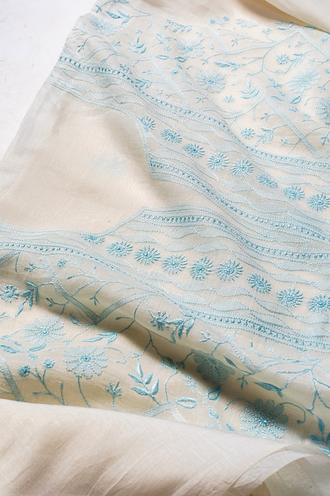 Mul Chanderi Full Jaal Chikankari Work Suit (3 Piece, Unstitched, Off-White/Blue)