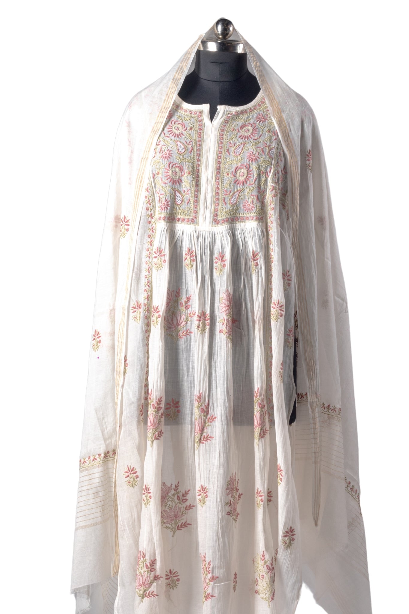 Mul Chanderi Semi-stitched Chikankari Anarkali Suit (3 Piece, Off-White with Coloured Embroidery)